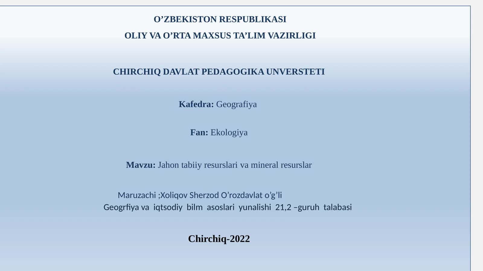 Jahon tabiiy resurslarivamineralresurslar 1