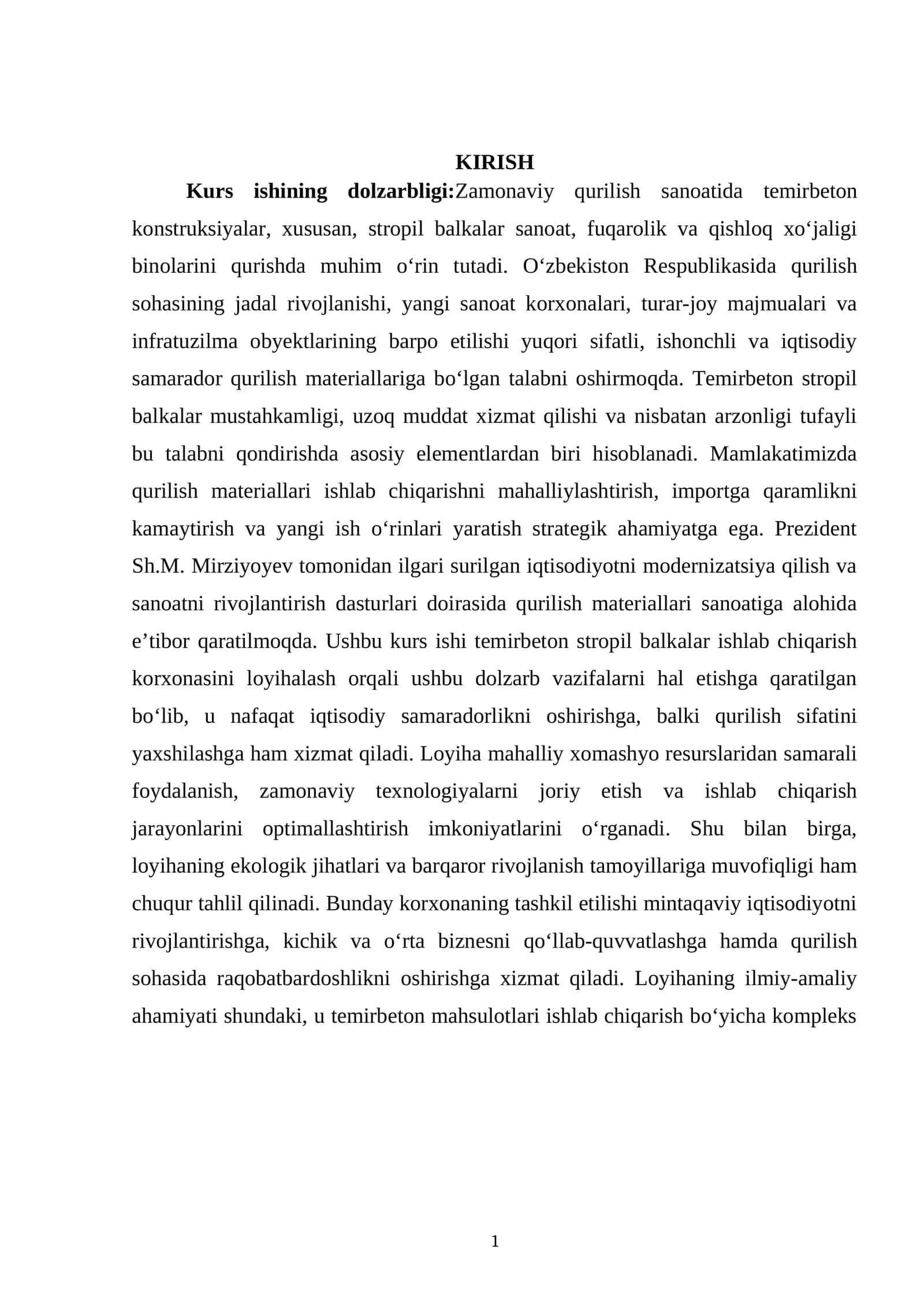 Temirbeton  stropil  balkalar  ishlab  chiqarish  korxonasini  loyihalash 1