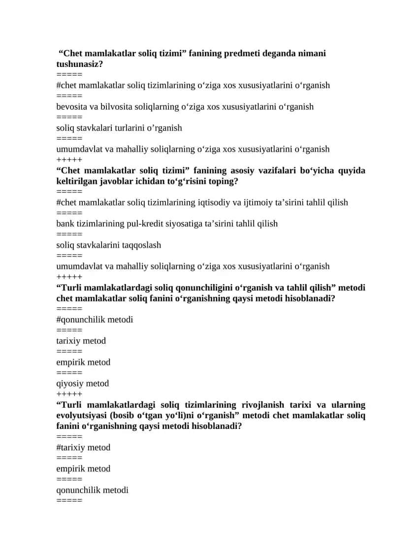 Chet mamlakatlar soliq tizimi fanidan yakuniy test javoblari 1