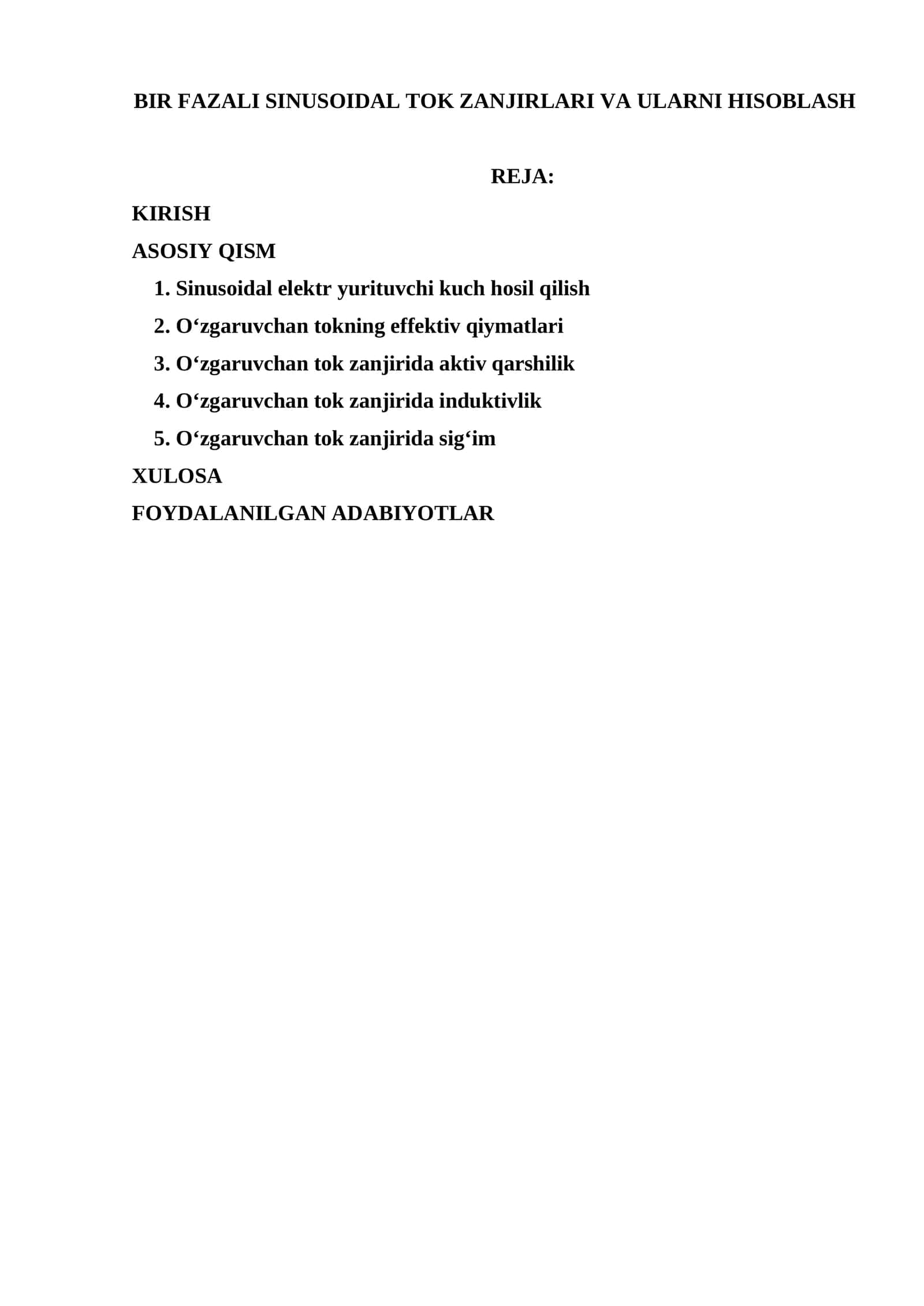 BIR FAZALI SINUSOIDAL TOK ZANJIRLARI VA ULARNI HISOBLASH 1