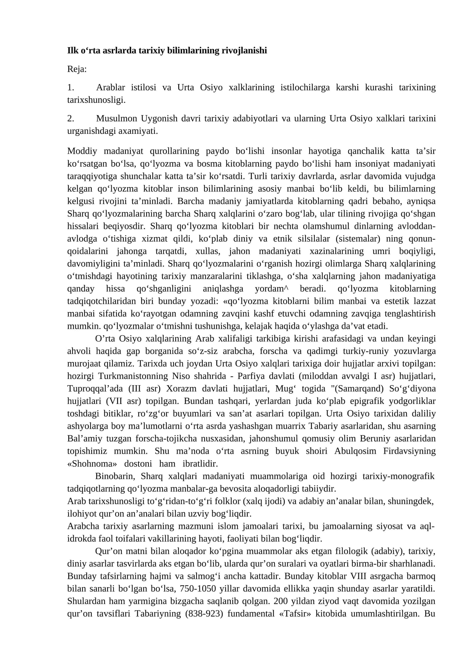 Ilk o‘rta asrlarda tarixiy bilimlarining rivojlanishi 1
