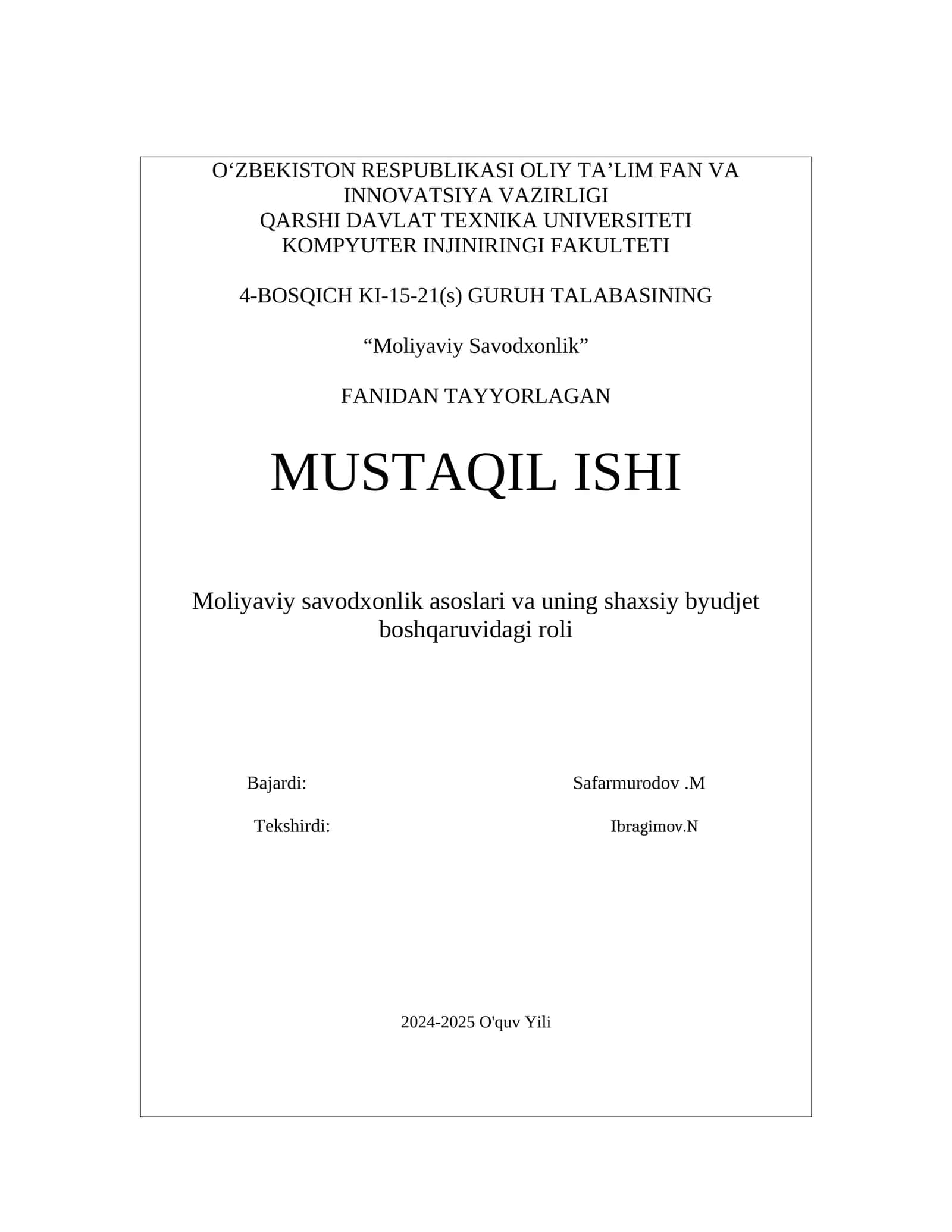 Moliyaviy Savodxonlik 1