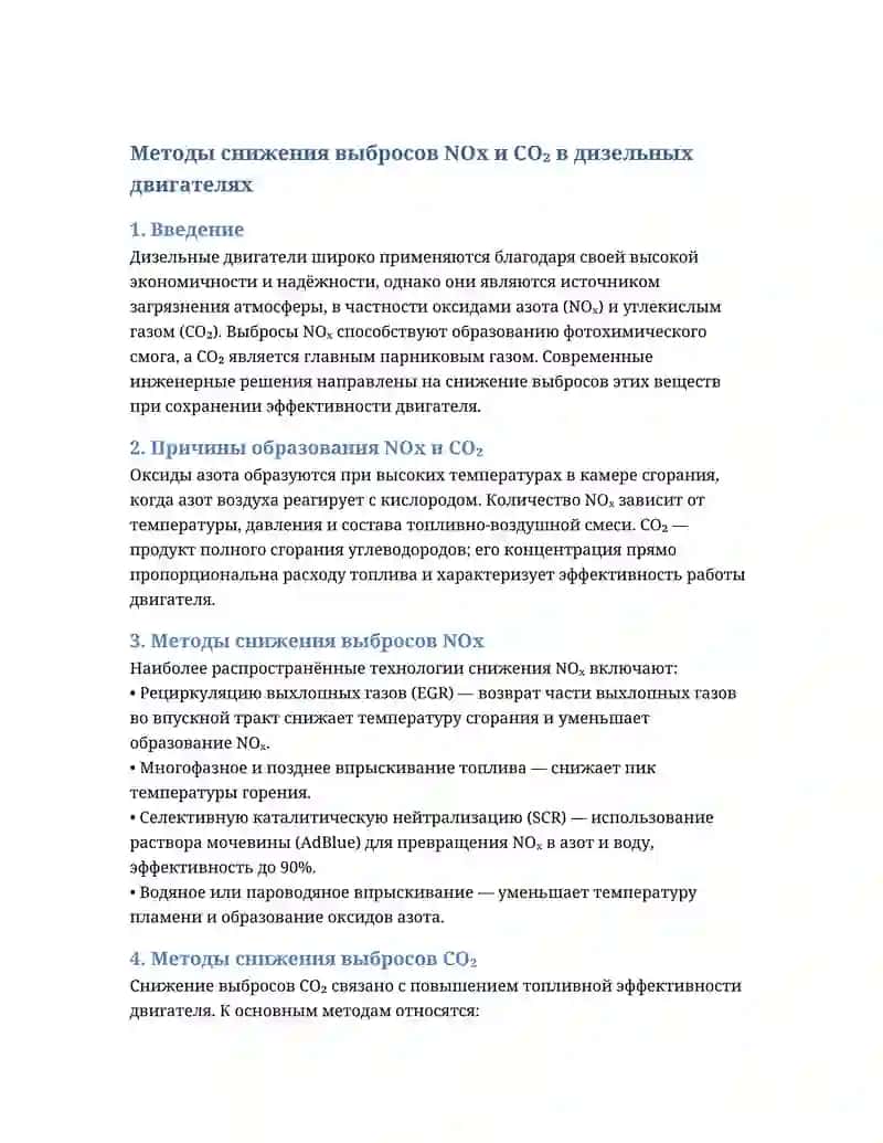 Методы снижения выбросов NOx и CO₂ в дизельных двигателях