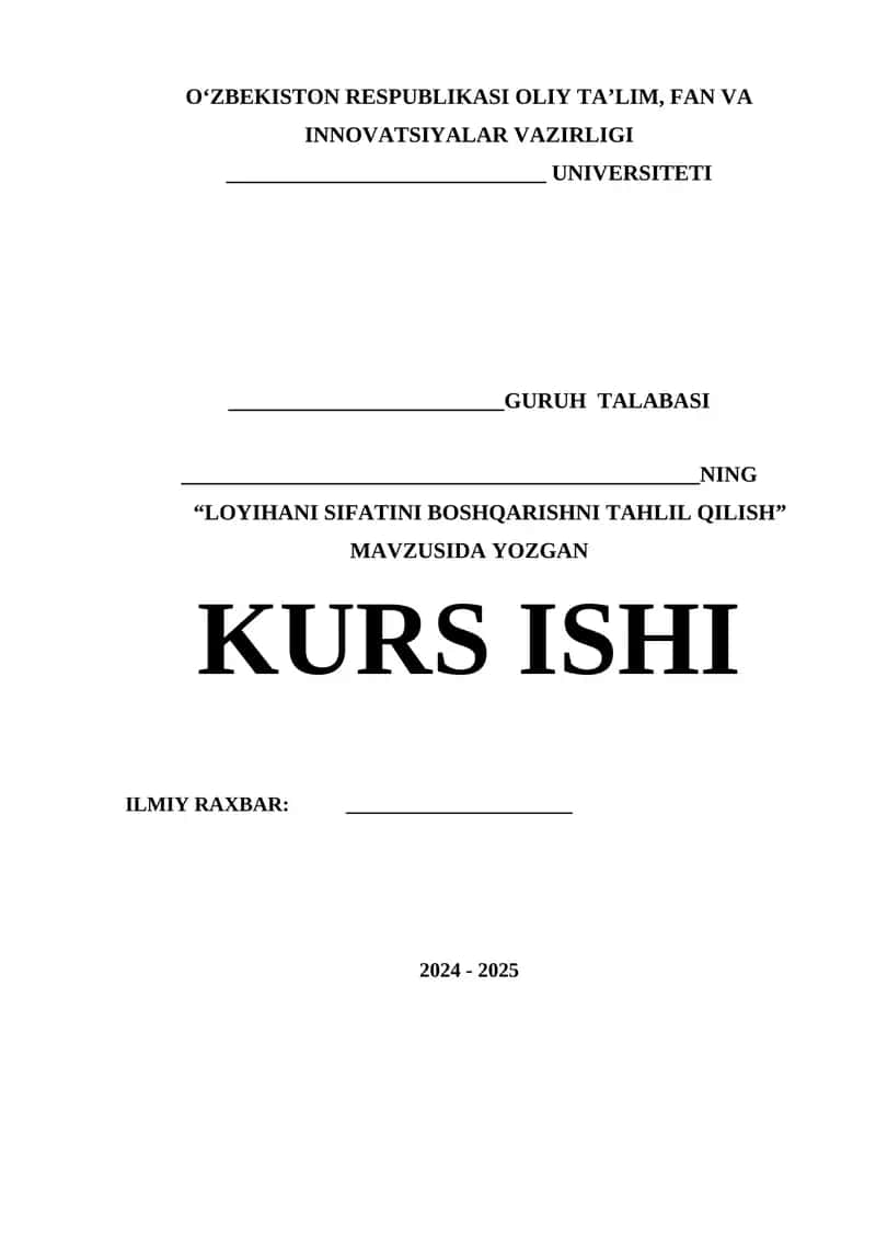 Loyihani sifatini boshqarishni tahlil qilish 1