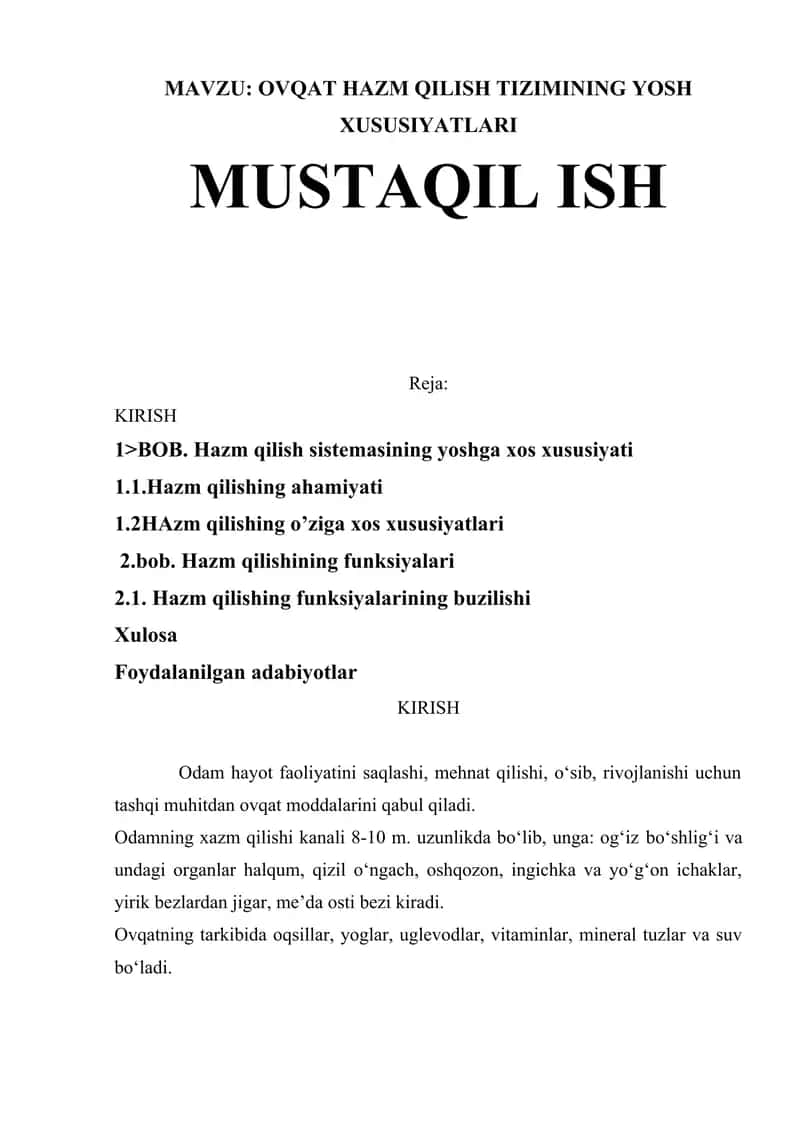 OVQAT HAZM QILISH TIZIMINING YOSH 1