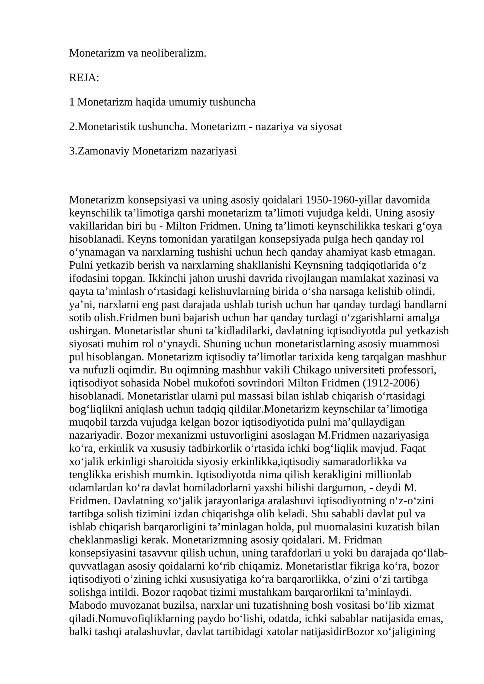 Monetarizm va neoliberalizm 1
