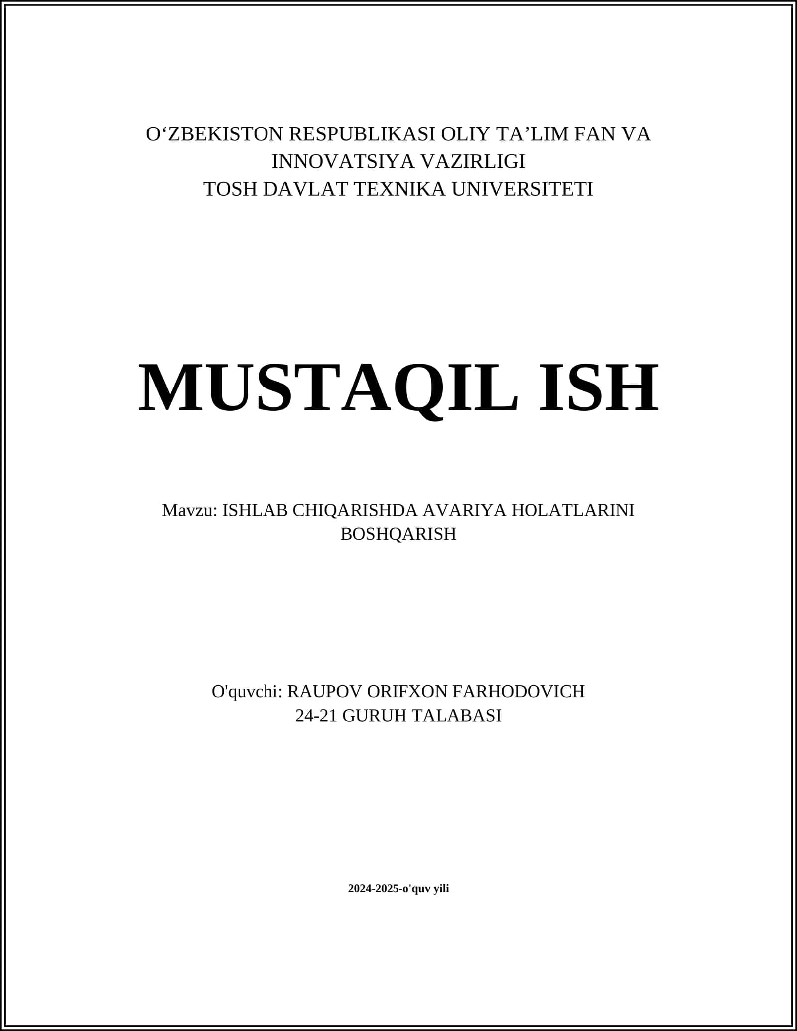 ISHLAB CHIQARISHDA AVARIYA HOLATLARINI BOSHQARISH 1
