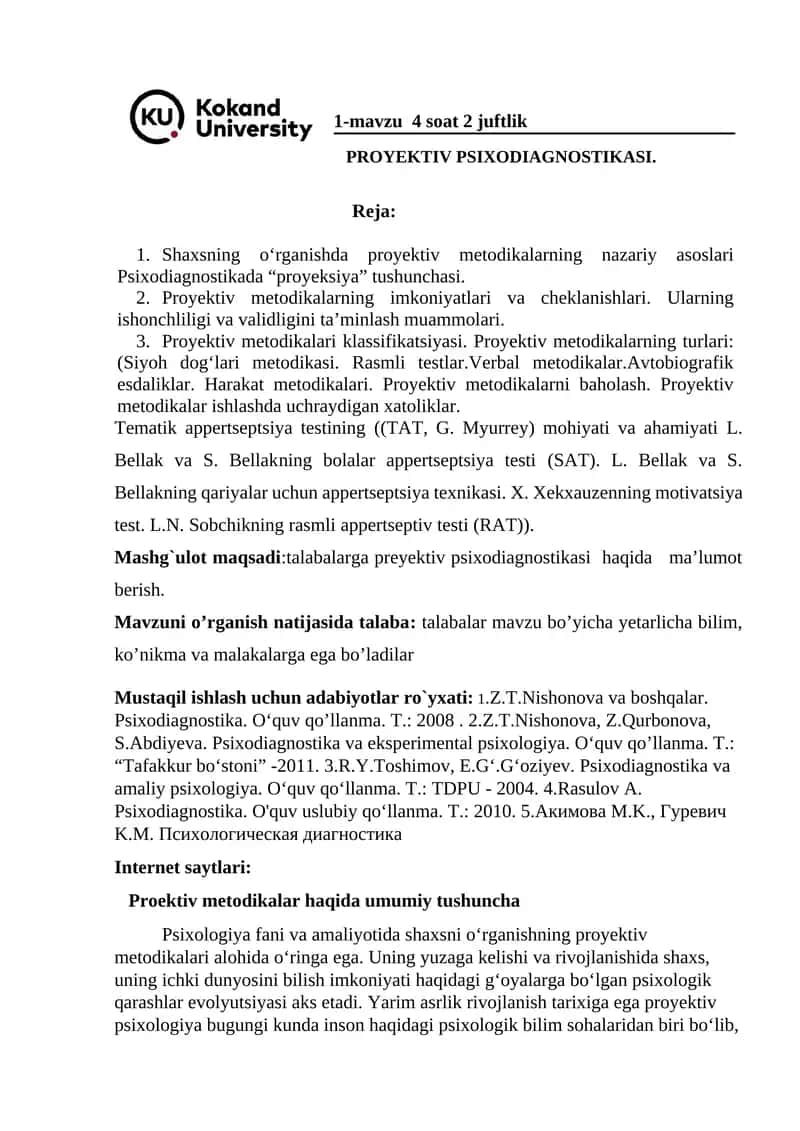 PROYEKTIV PSIXODIAGNOSTIKASI. 1