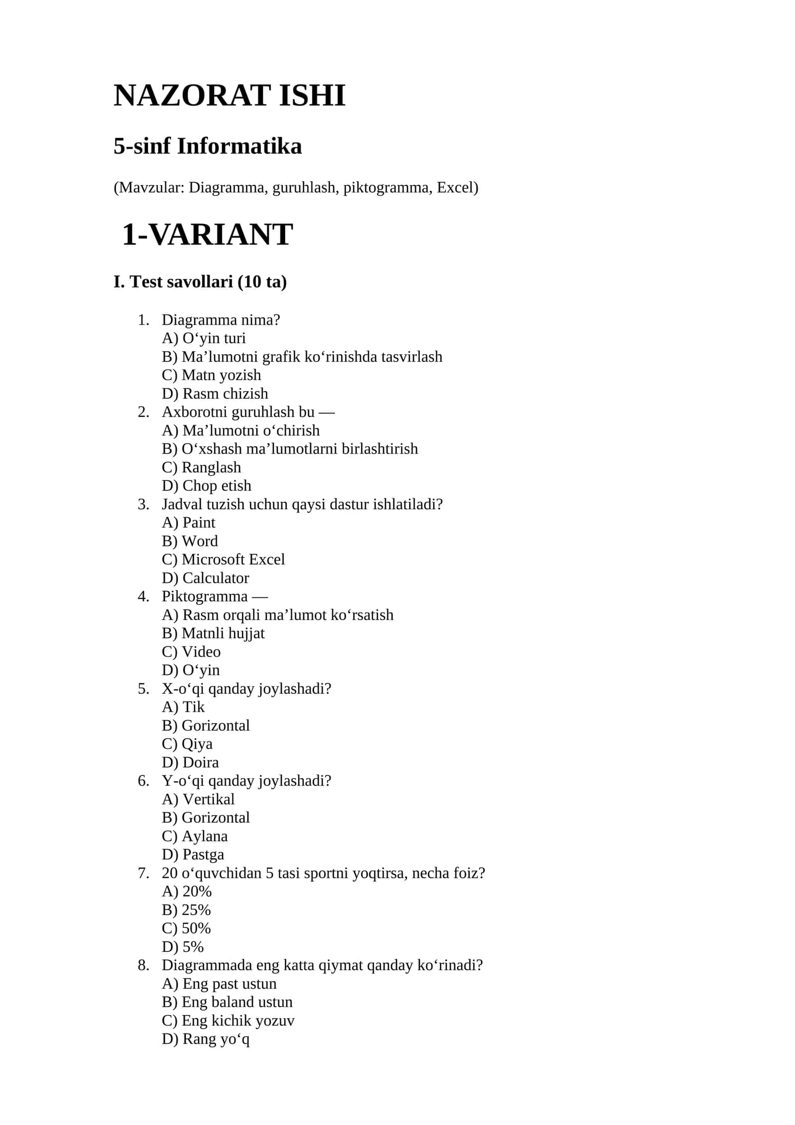5-sinf informatika fani uchun nazorat ishi test 2 ta variantlik 10 test 1