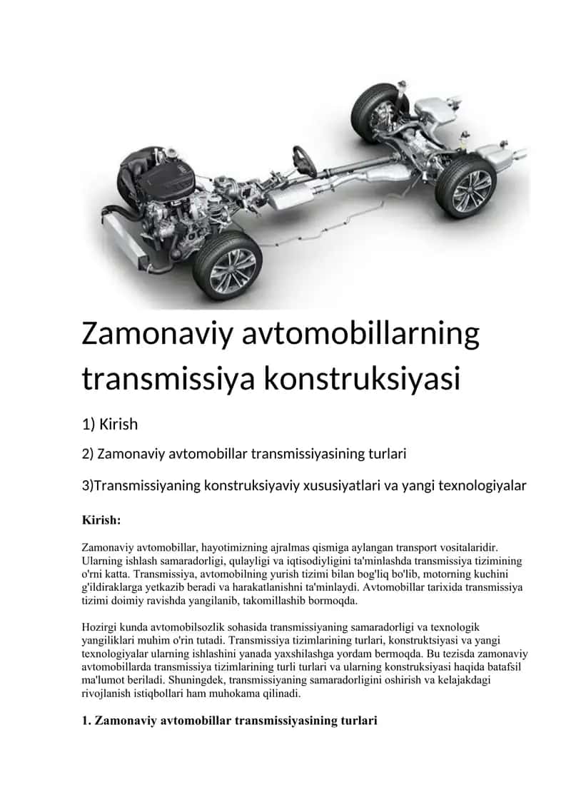 Zamonaviy avtomobillarning transmissiya konstruksiyasi 1