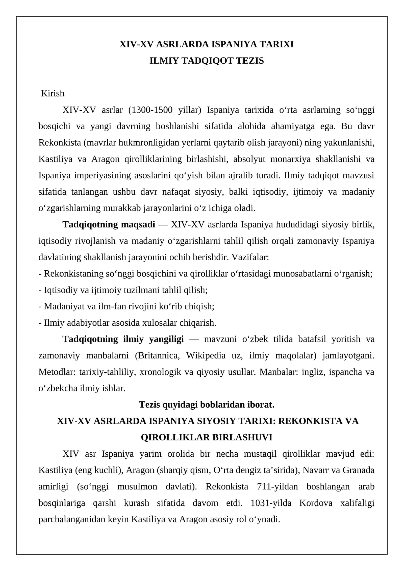 XIV-XV ASRLARDA ISPANIYA TARIXI ILMIY TADQIQOT TEZIS 1
