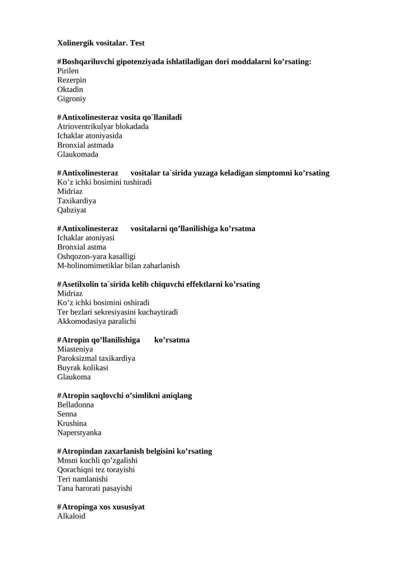 Xolinergik vositalar test 1