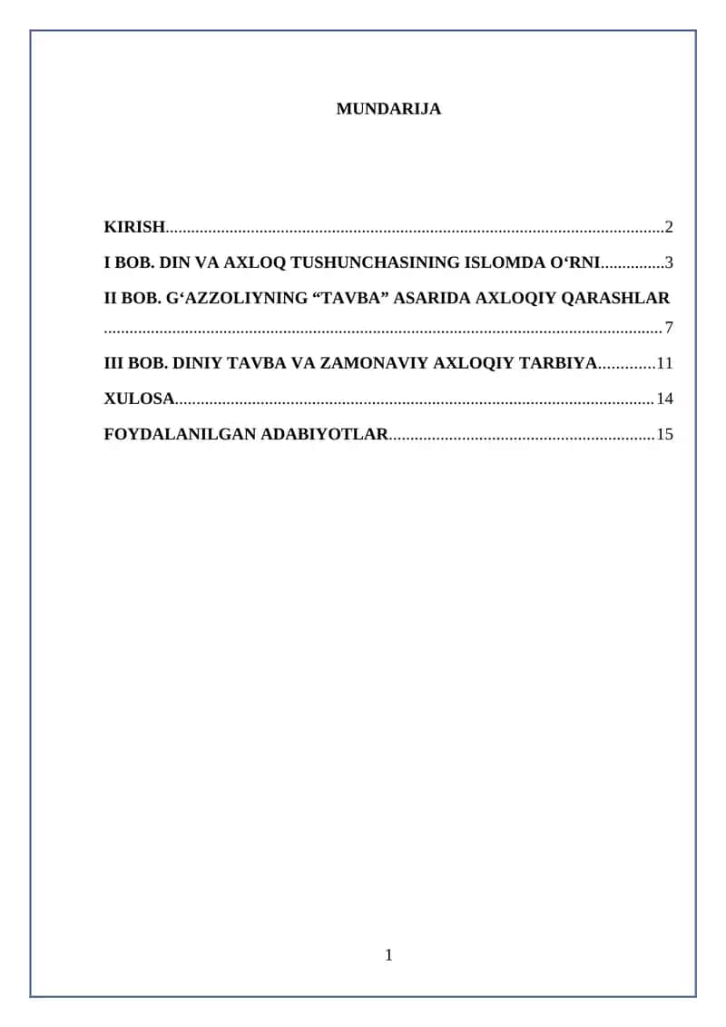 G‘azzoliyning tavba asari asosida Din va axloq 1