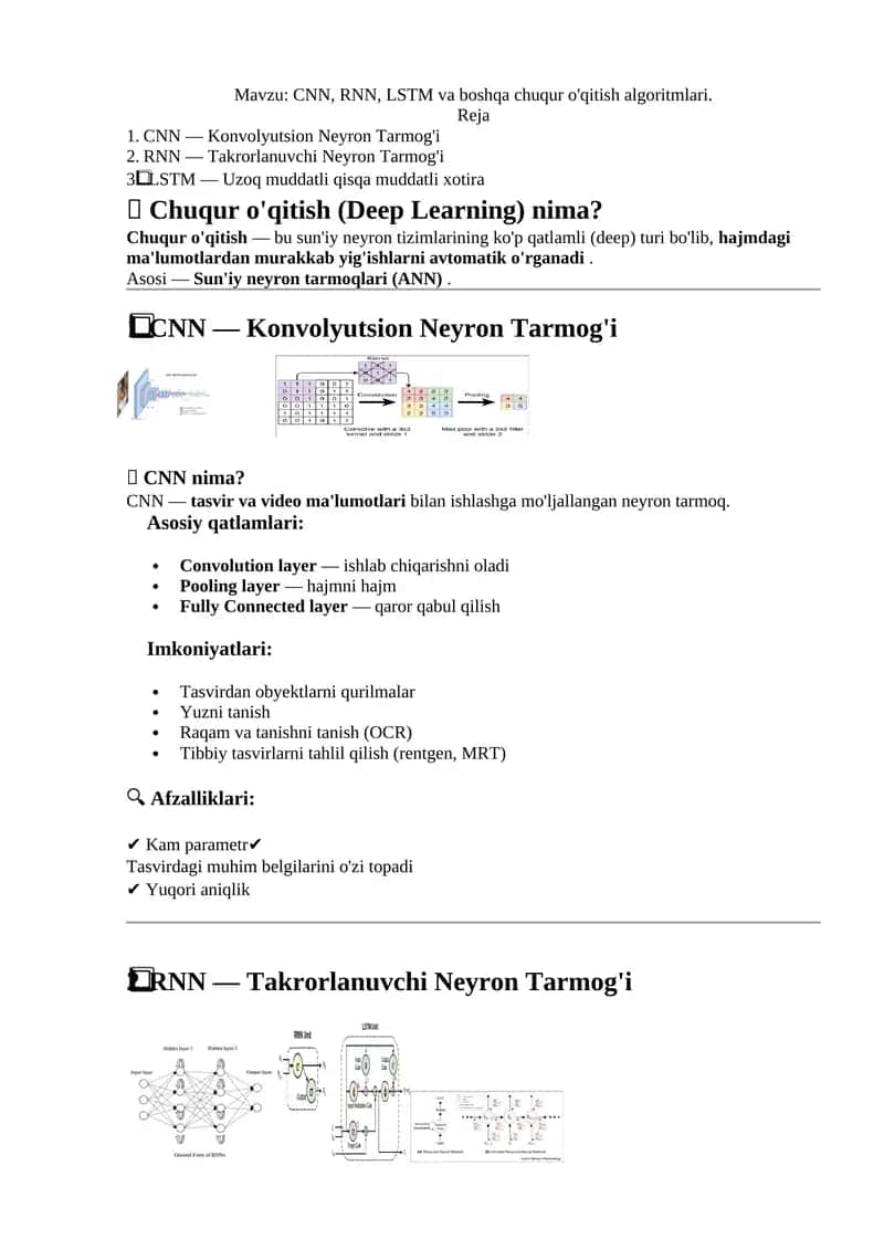 CNN, RNN, LSTM va boshqa chuqur o'qitish algoritmlari 1