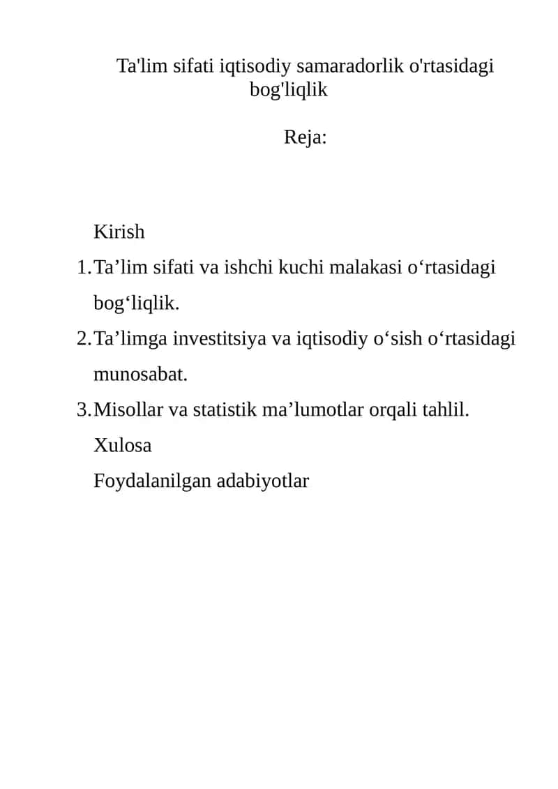 Ta'lim sifati iqtisodiy samaradorlik o'rtasidagi bog'liqlik 1