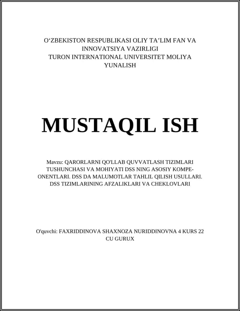 Qarorlarni Qo'llabquvvatlash Tizimlari 1