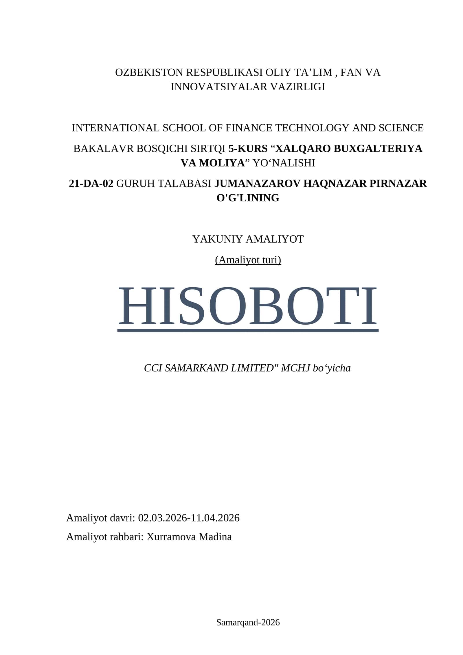 Coca cola kompaniyasi amaliyot hisoboti. CCI SAMARKAND LIMITED" MCHJ 1