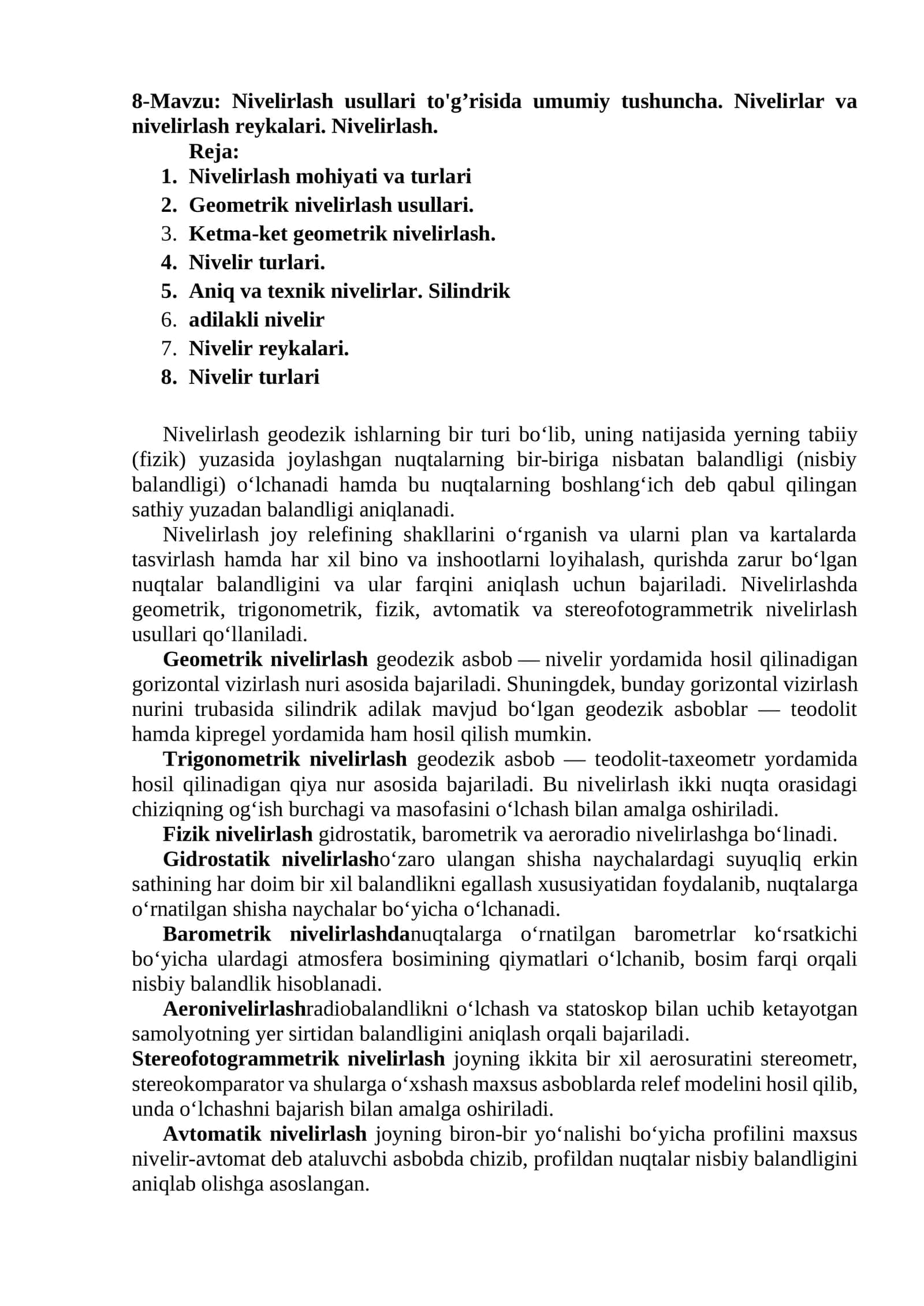 Nivelirlash Usullari 1