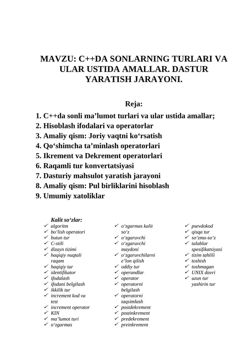 С++DA SONLARNING TURLARI VA ULAR USTIDA AMALLAR. DASTUR YARATISH JARAYONI 1