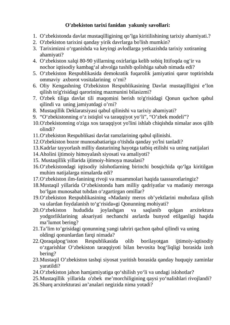 O'zbekiston tarixi fanidan yakuniy savollari 1
