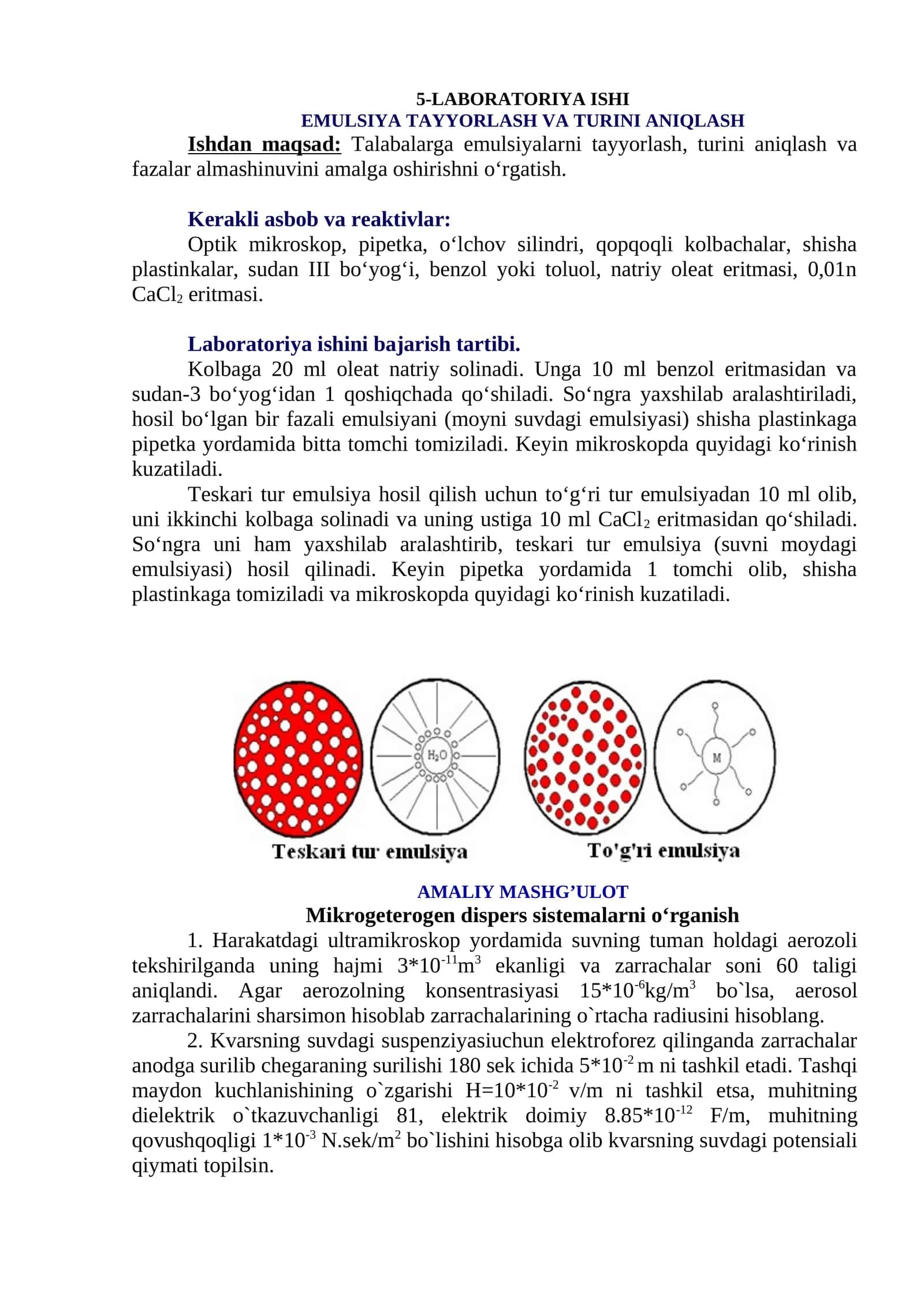 emulsiyalarni tayyorlash, turini aniqlash va fazalar almashinuvini amalga oshirish 1