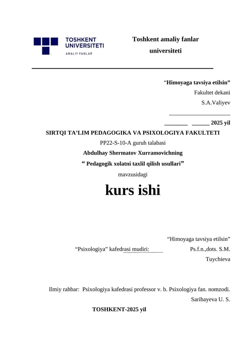 Pedagogik xolatni taxlil qilish usullari. 1