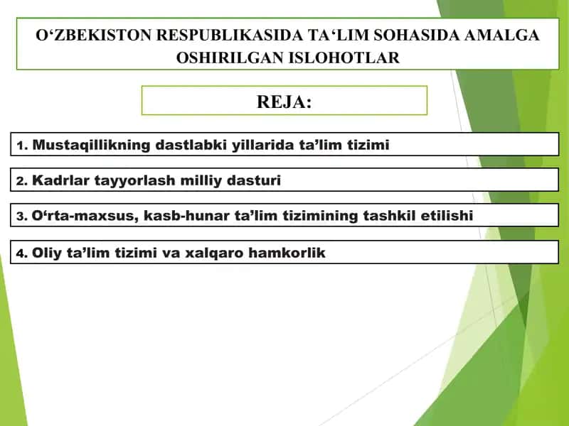 O‘ZBEKISTON RESPUBLIKASIDA TAʻLIM SOHASIDA AMALGA OSHIRILGAN ISLOHOTLAr 1