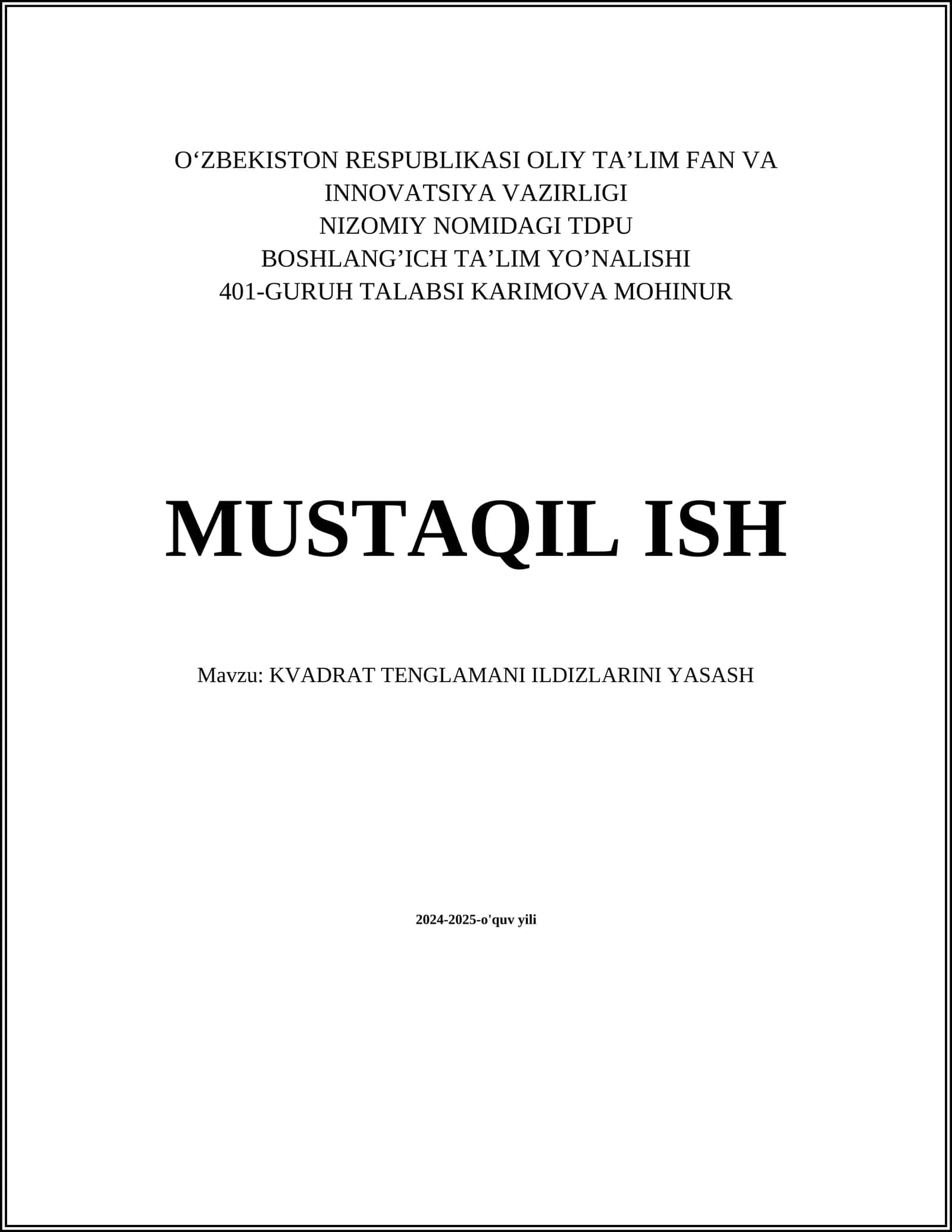 KVADRAT TENGLAMANI ILDIZLARINI YASASH 1