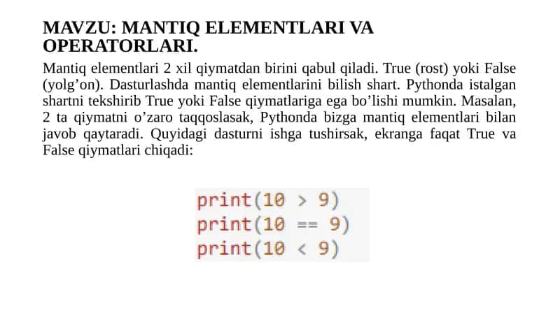 MANTIQ ELEMENTLARI VA OPERATORLARI 1