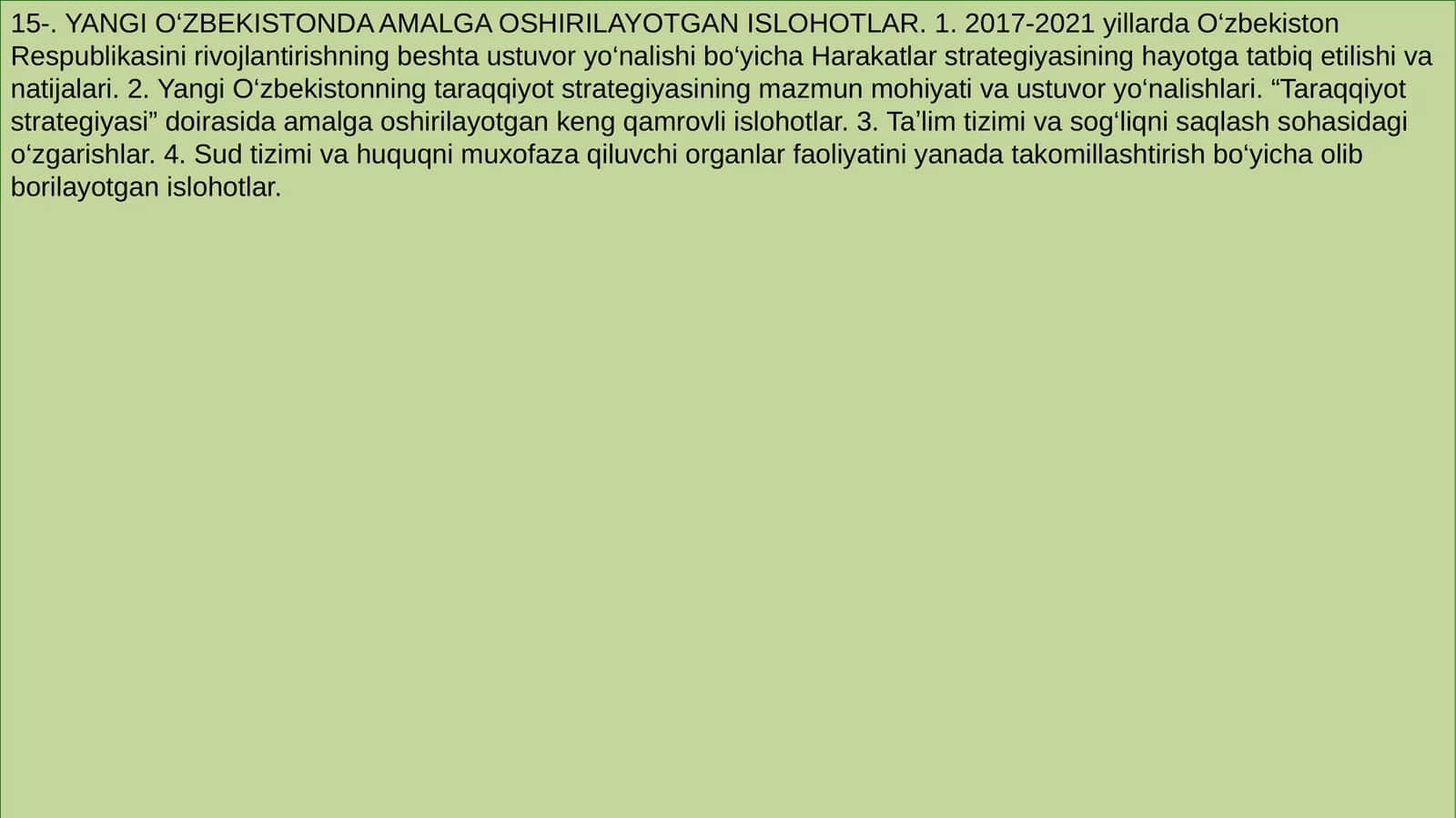 YANGI O‘ZBEKISTONDA AMALGA OSHIRILAYOTGAN ISLOHOTLAR 1