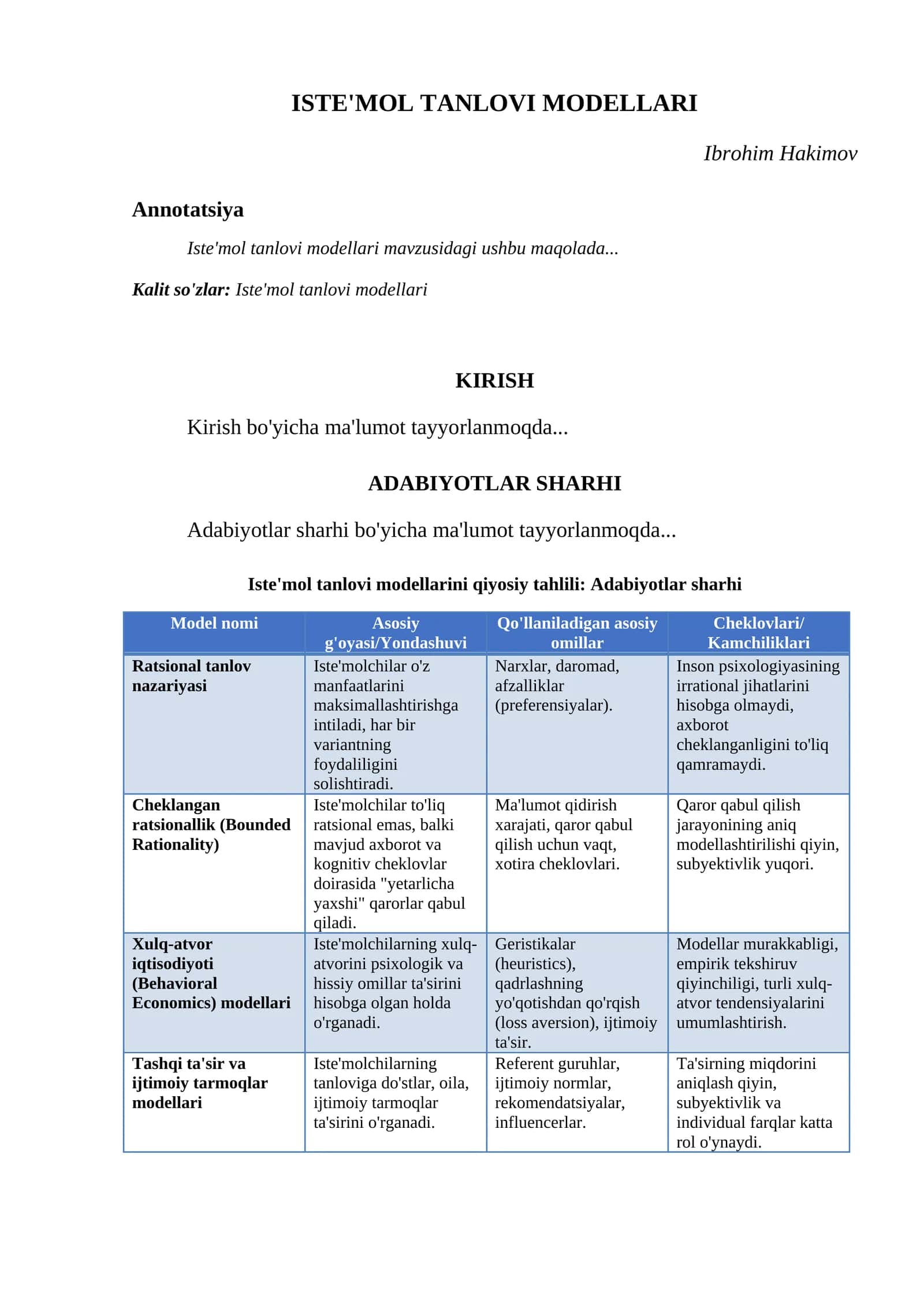 ISTE'MOL TANLOVI MODELLARI 1
