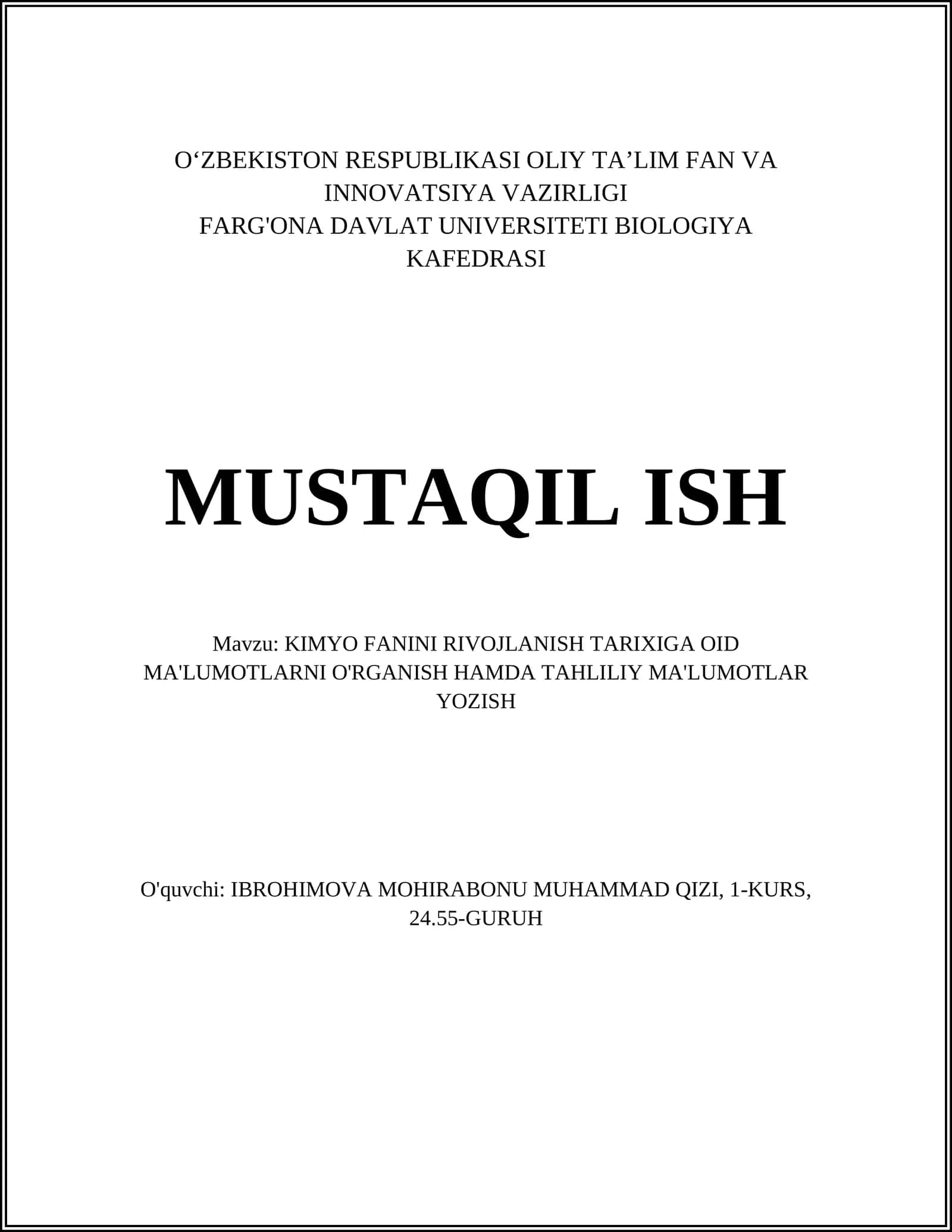 KIMYO FANINI RIVOJLANISH TARIXIGA OID MA'LUMOTLARNI O'RGANISH HAMDA TAHLILIY MA'LUMOTLAR YOZISH 1