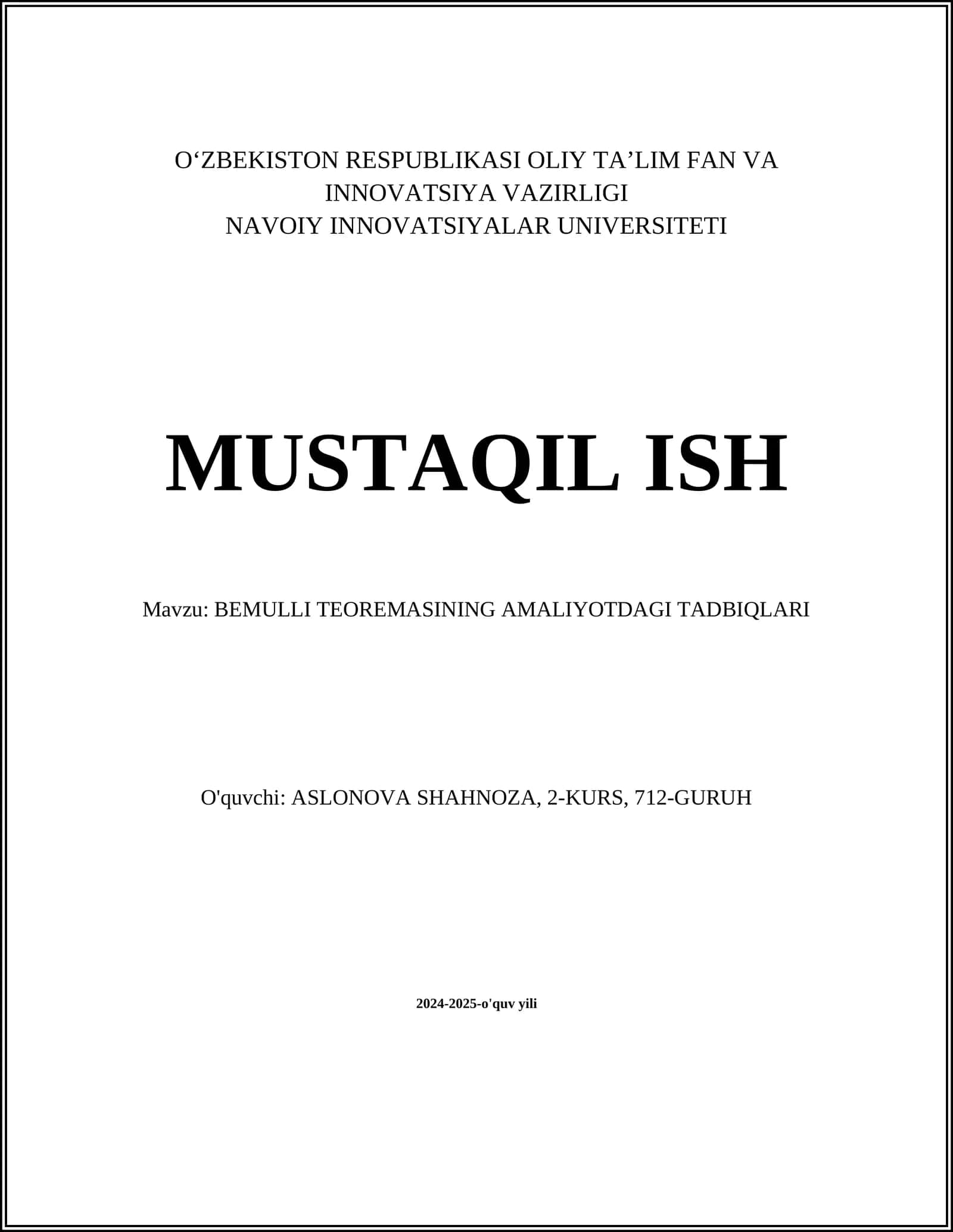 BEMULLI TEOREMASINING AMALIYOTDAGI TADBIQLARI 1