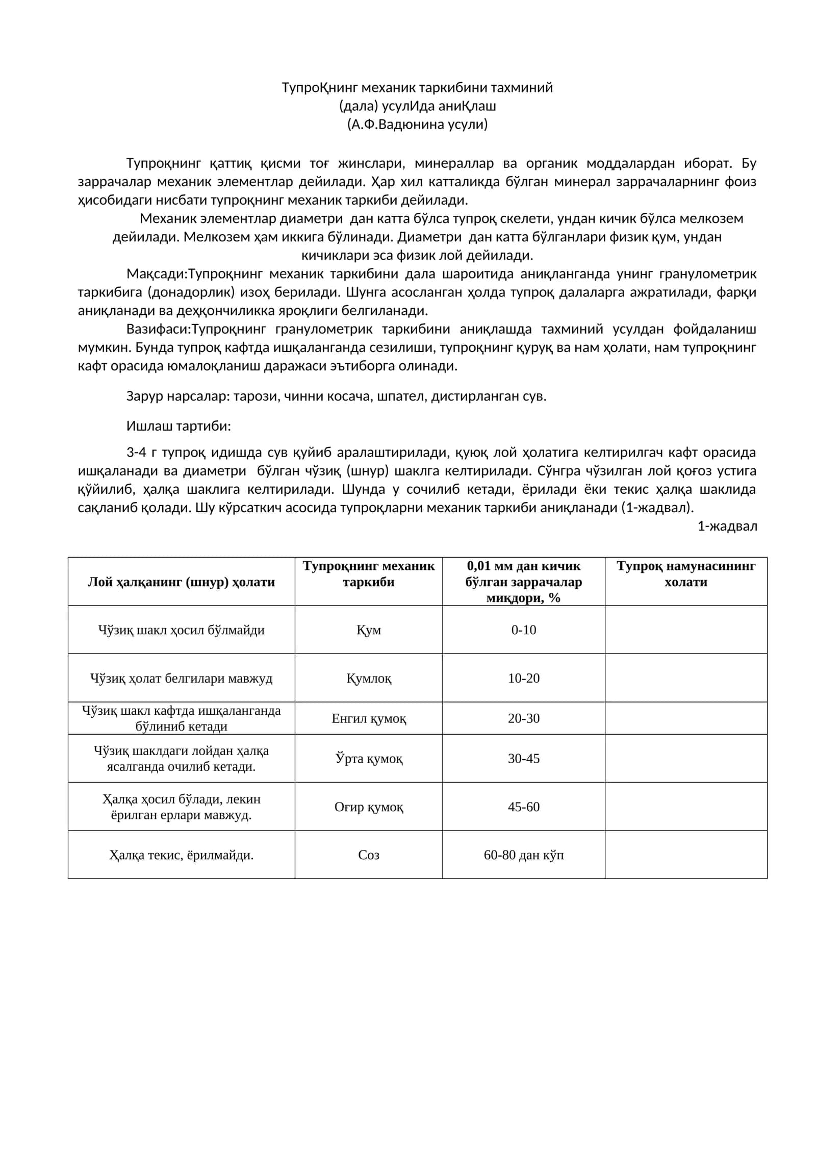ТупроҚнинг механик таркибини тахминий 1