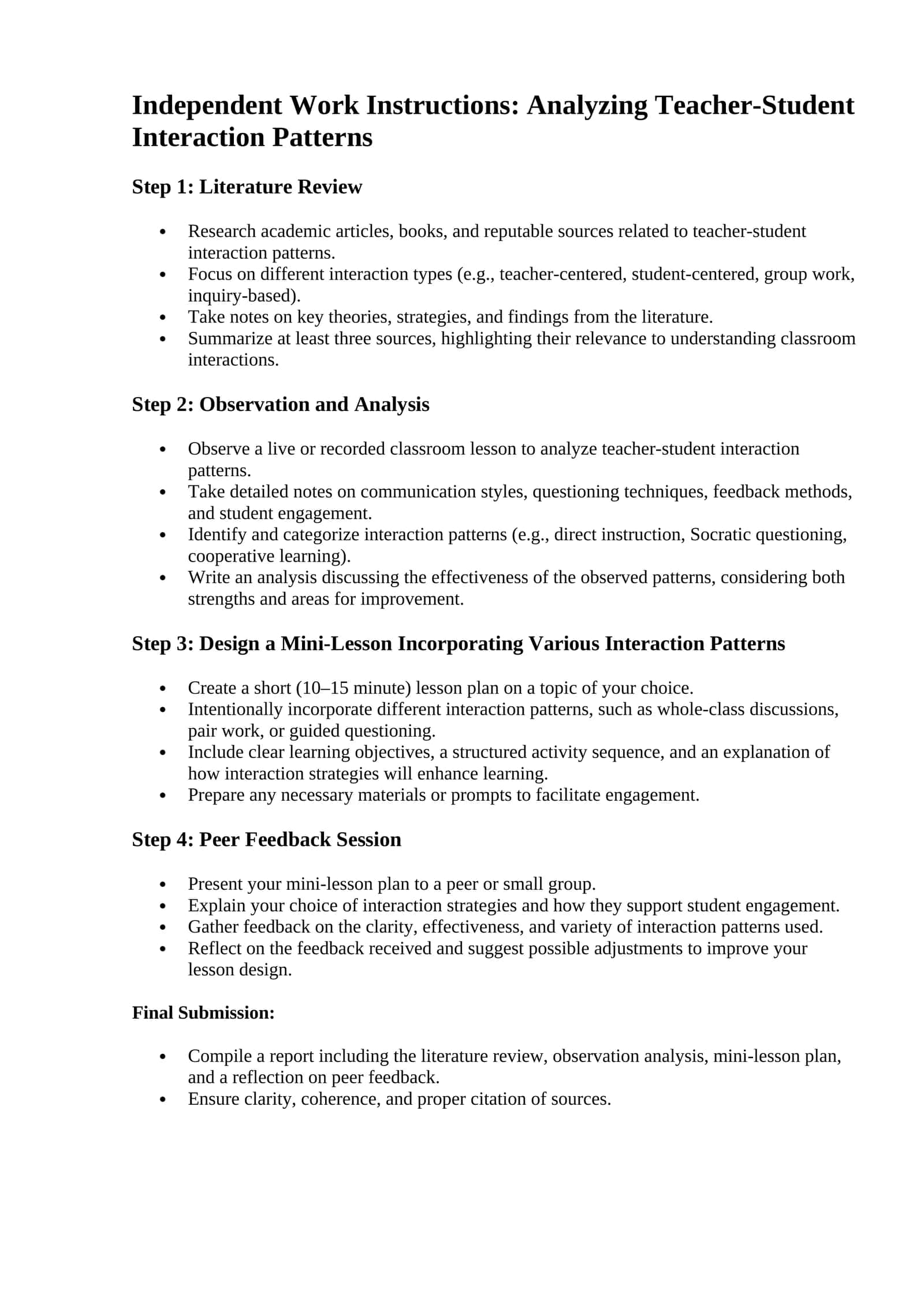Independent Work Instructions: Analyzing Teacher-Student Interaction Patterns 1