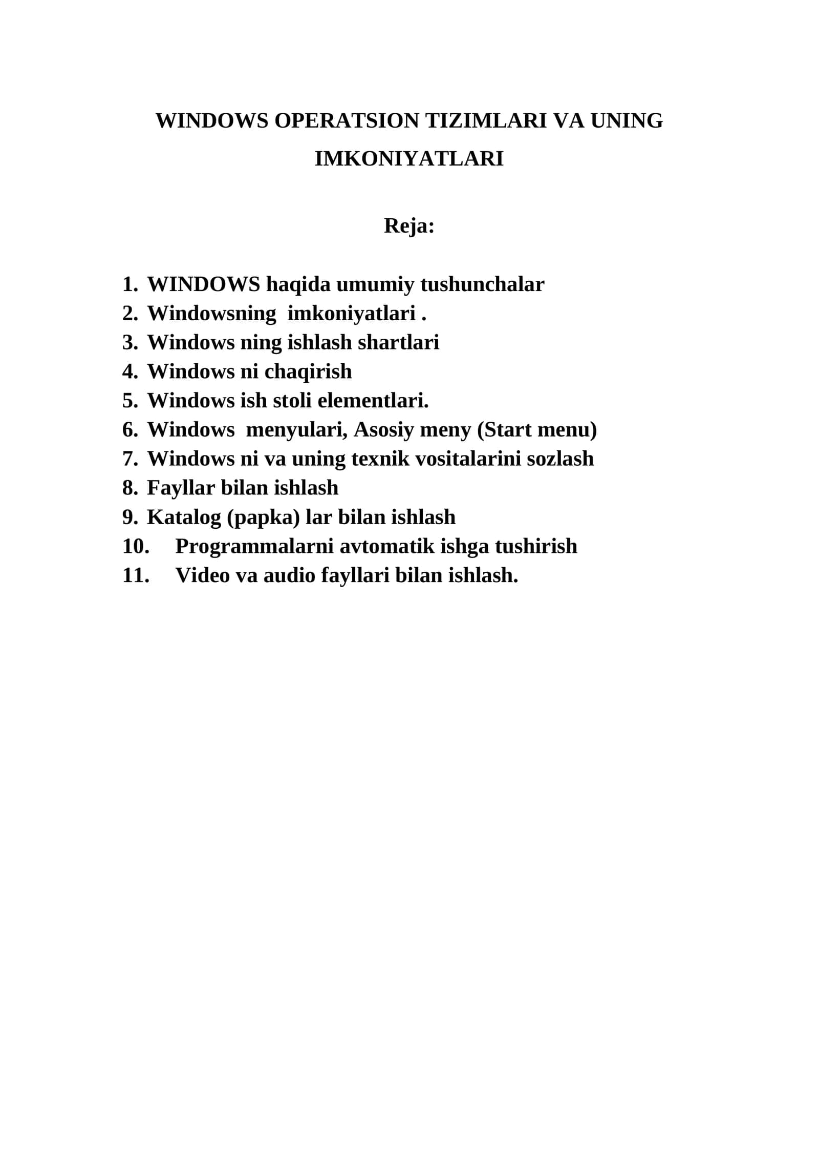 Windows operatsion tizimlari VA UNING IMKONIYATLARI 1