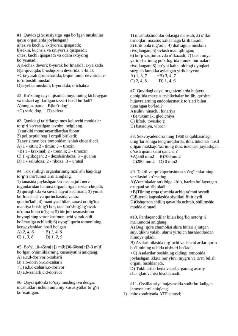 Biologiyadan test savollari 1