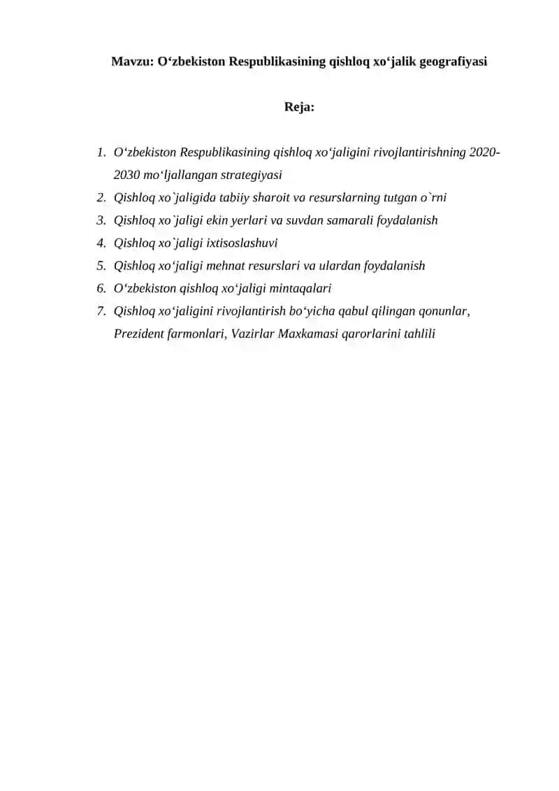O‘zbekiston Respublikasining qishloq xo‘jalik geografiyasi