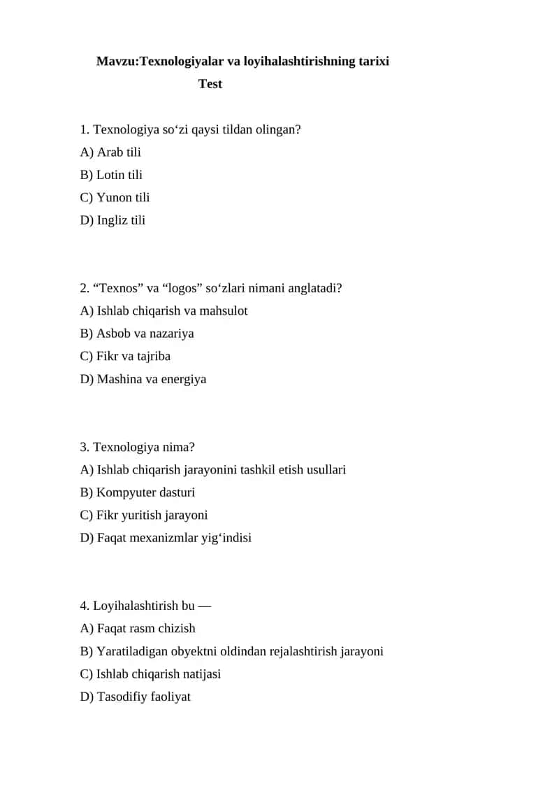 Texnologiyalar va loyihalashtirishning tarixi 1