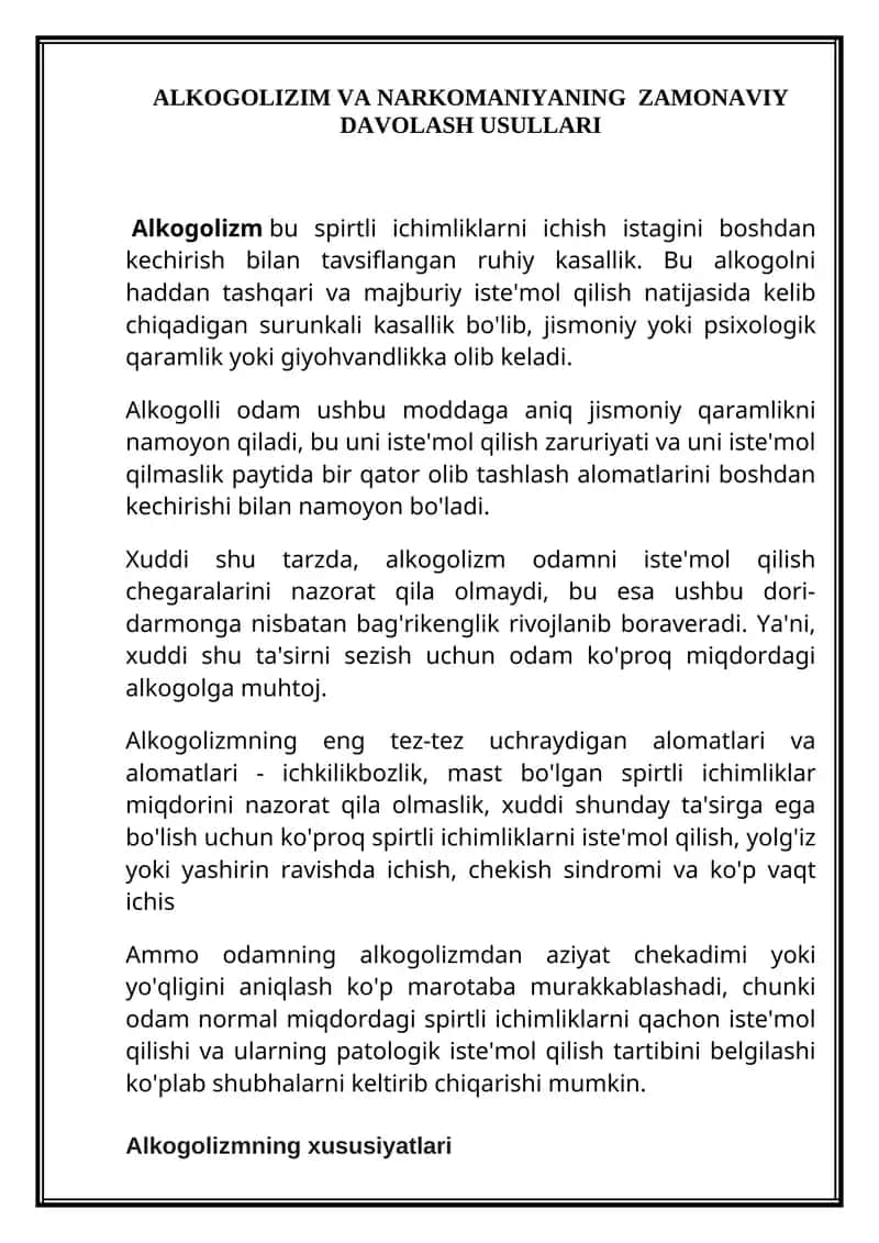 Alkogolizim va narkomaniyaning zamonaviy davolash usullari 1