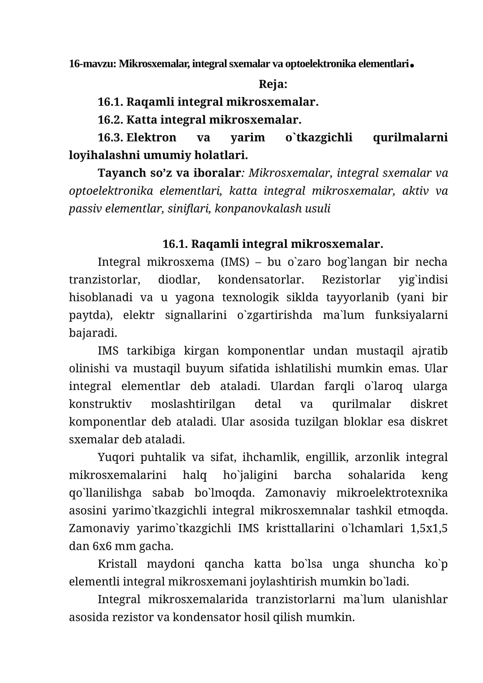 16-mavzu: Mikrosxemalar, integral sxemalar va optoelektronika elementlari 1