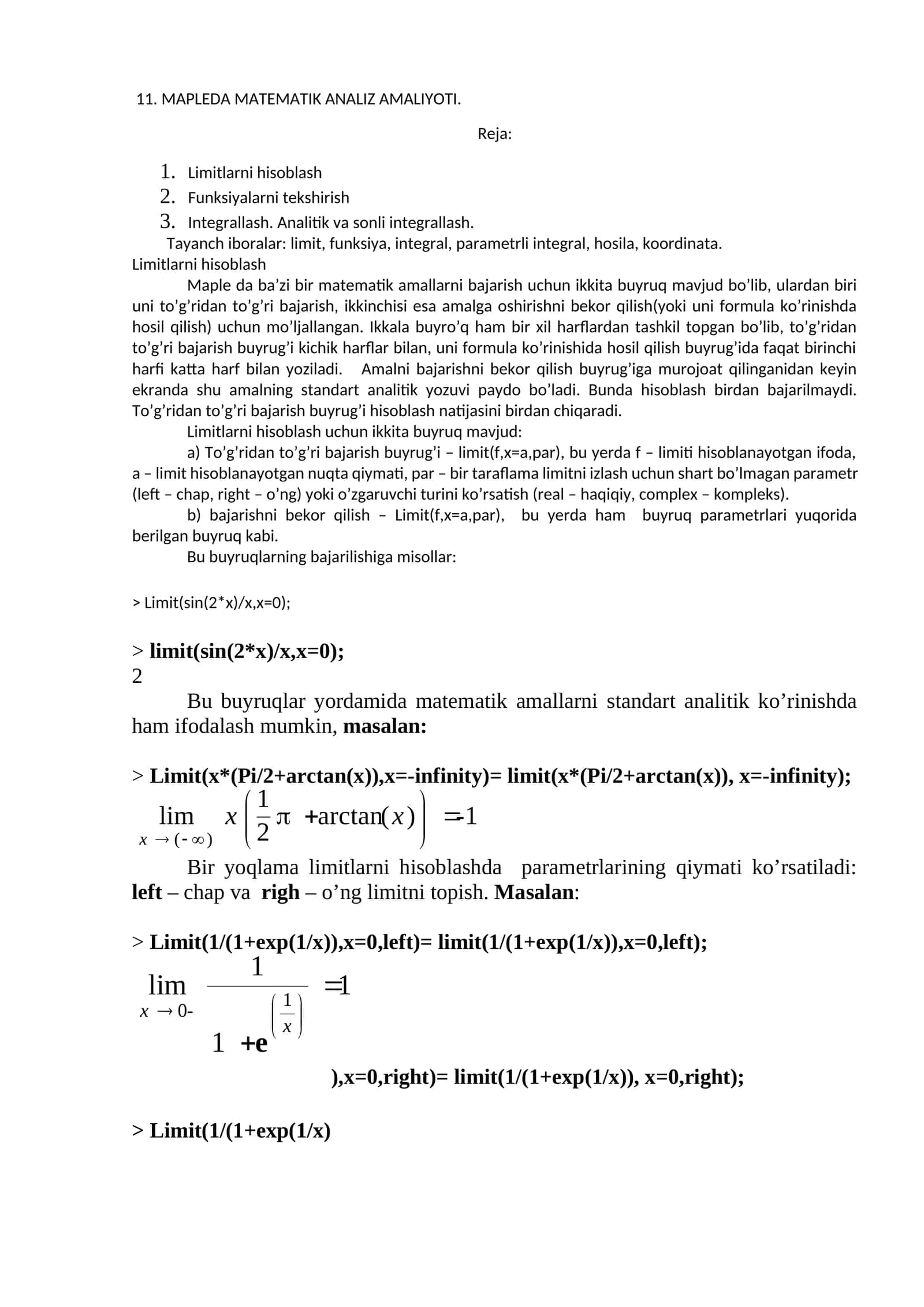 MAPLEDA MATEMATIK ANALIZ AMALIYOTI 1