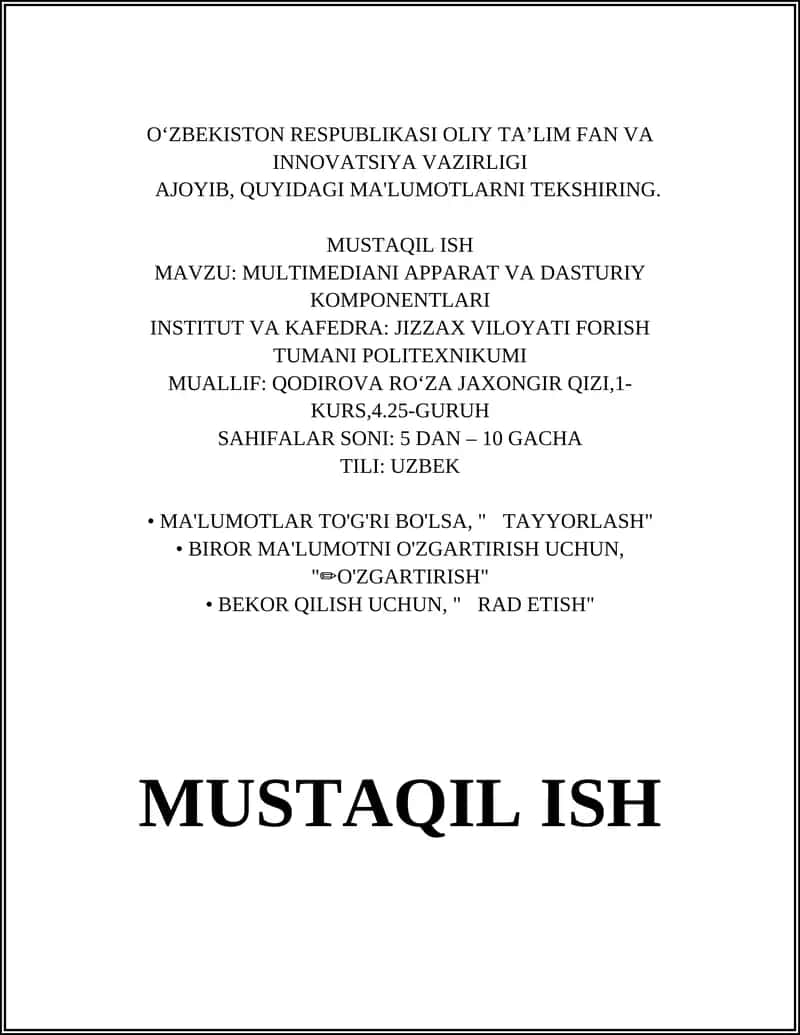 MULTIMEDIYAGA OID APPARAT VA DASTURIY KOMPONENTLARI 1
