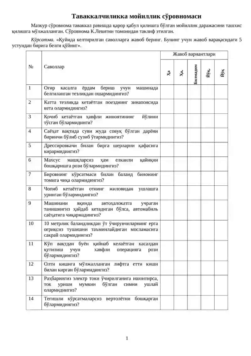 Таваккалчиликка мойиллик сўровномаси