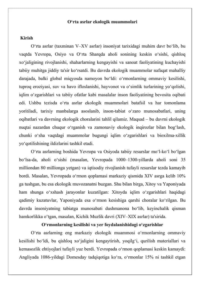 O‘rta asrlar ekologik muammolari tezis 1