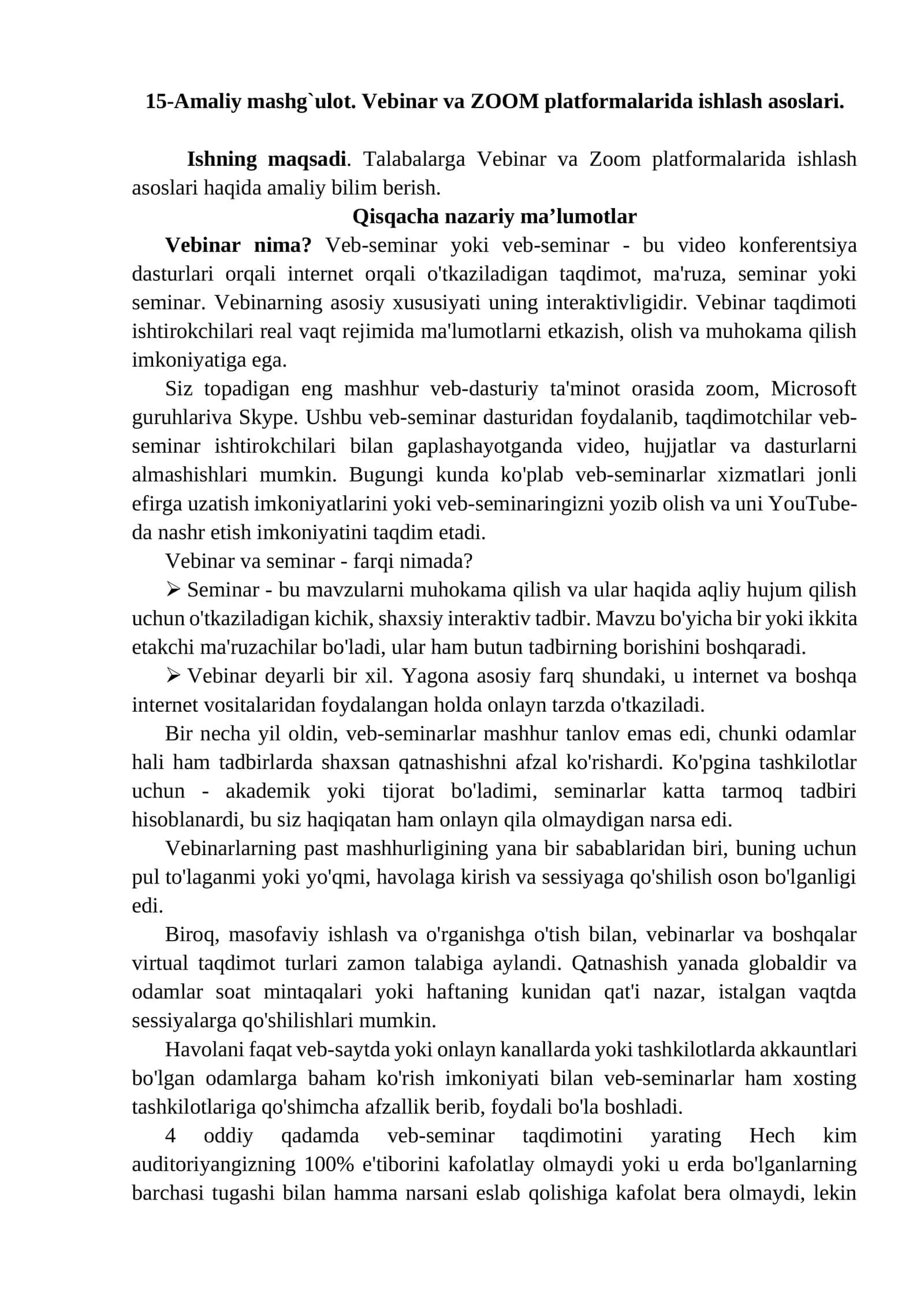 15-Amaliy mashg`ulot. Vebinar va ZOOM platformalarida ishlash asoslari 1
