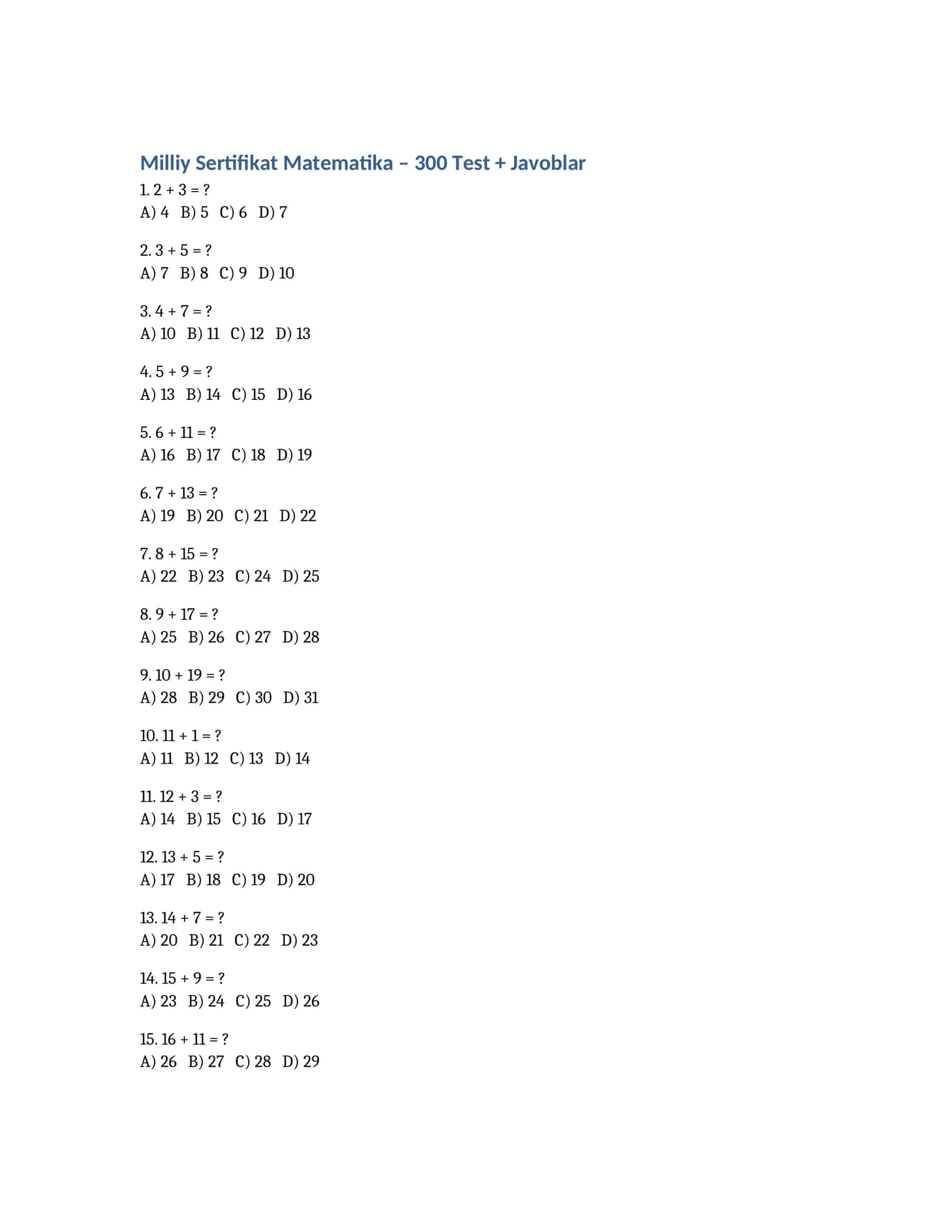 Milliy Sertifikat Matematika – 300 Test + Javoblar 1