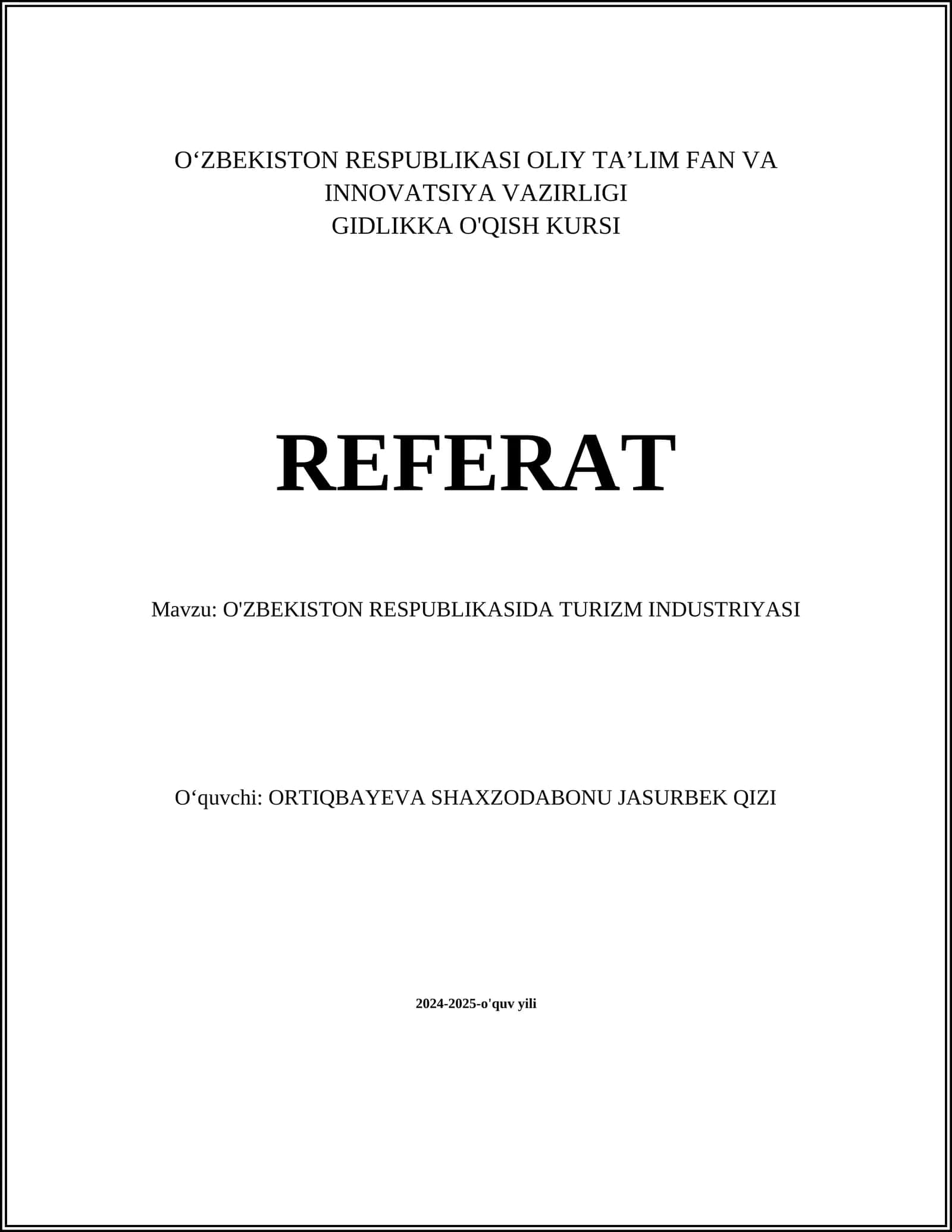 O'ZBEKISTON RESPUBLIKASIDA TURIZM INDUSTRIYASI 1