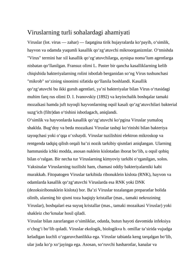Viruslarning turli sohalardagi ahamiyati 1
