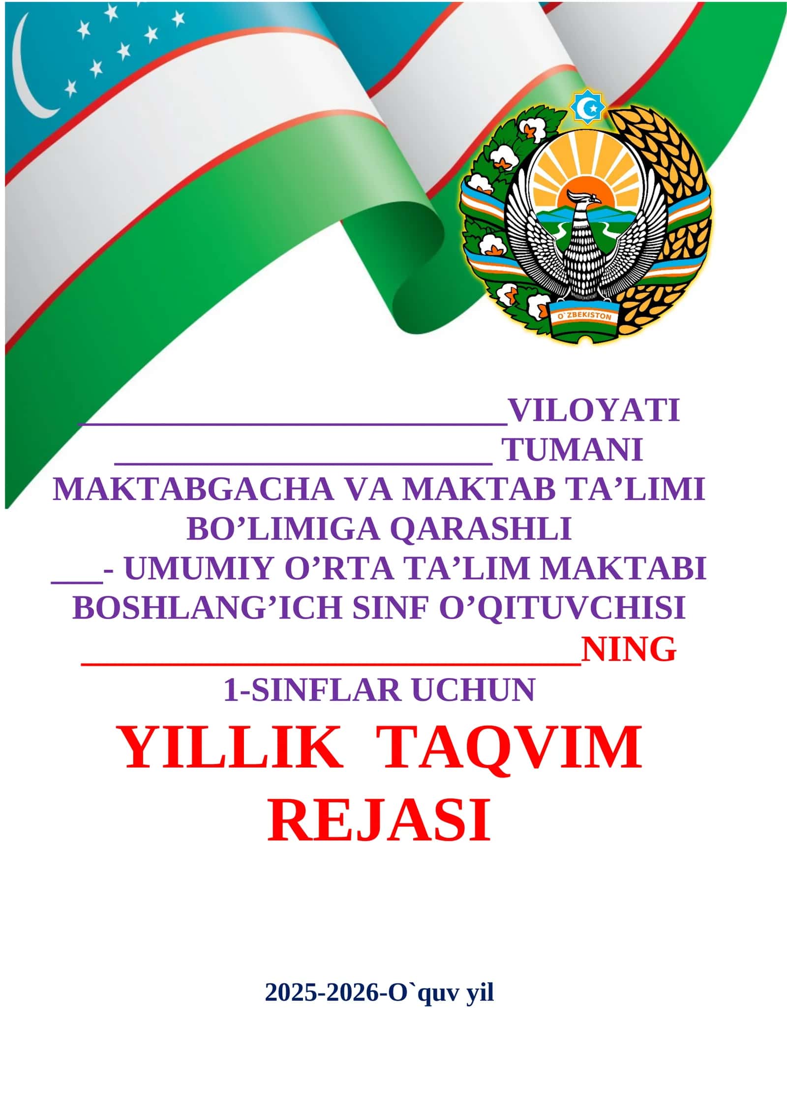 YILLIK TAQVIM REJASI 2025-2026-O`quv yil 1